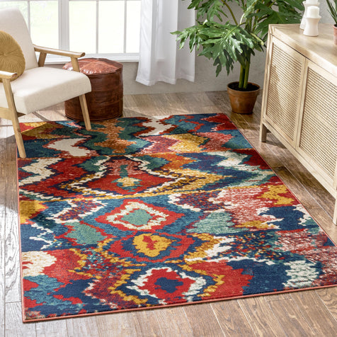 Basalt Moroccan Geometric Waves Blue Red Distressed Rug
