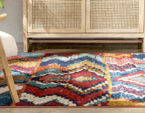 Basalt Moroccan Geometric Waves Blue Red Distressed Rug