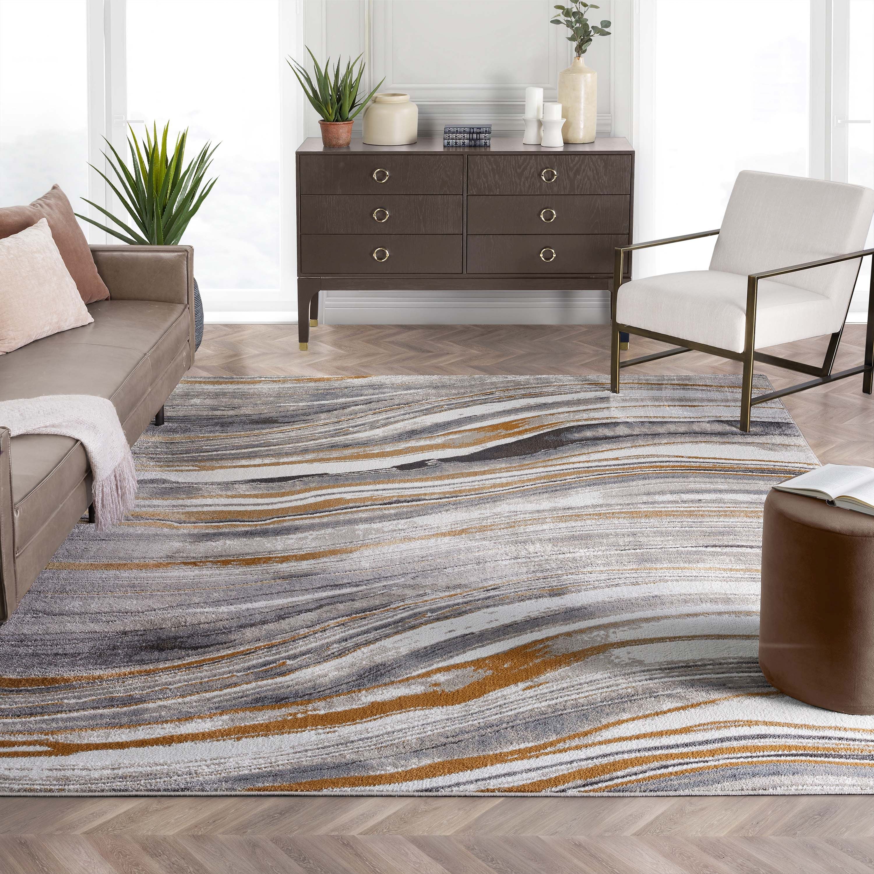 Davina Modern Abstract Striped Grey Rust Rug