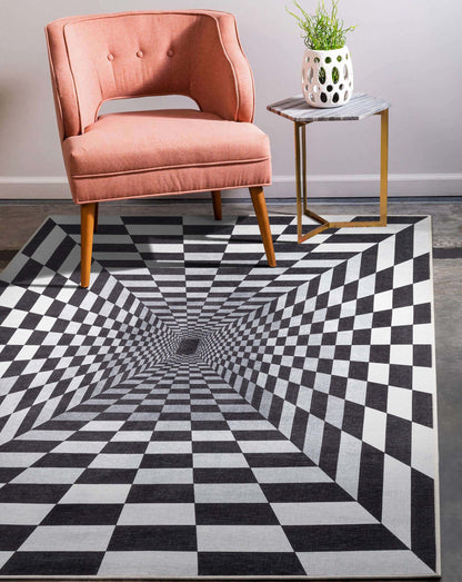 Warp Bottomless Hole 3D Geometric Black Ivory Area Flat-Weave Rug