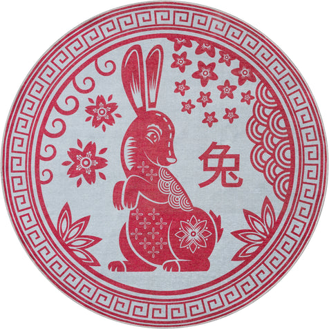 Chinese Calendar Lunar Year of the Rabbit Red Flat-Weave Rug