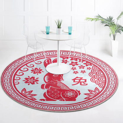 Chinese Calendar Lunar Year of the Rabbit Red Flat-Weave Rug