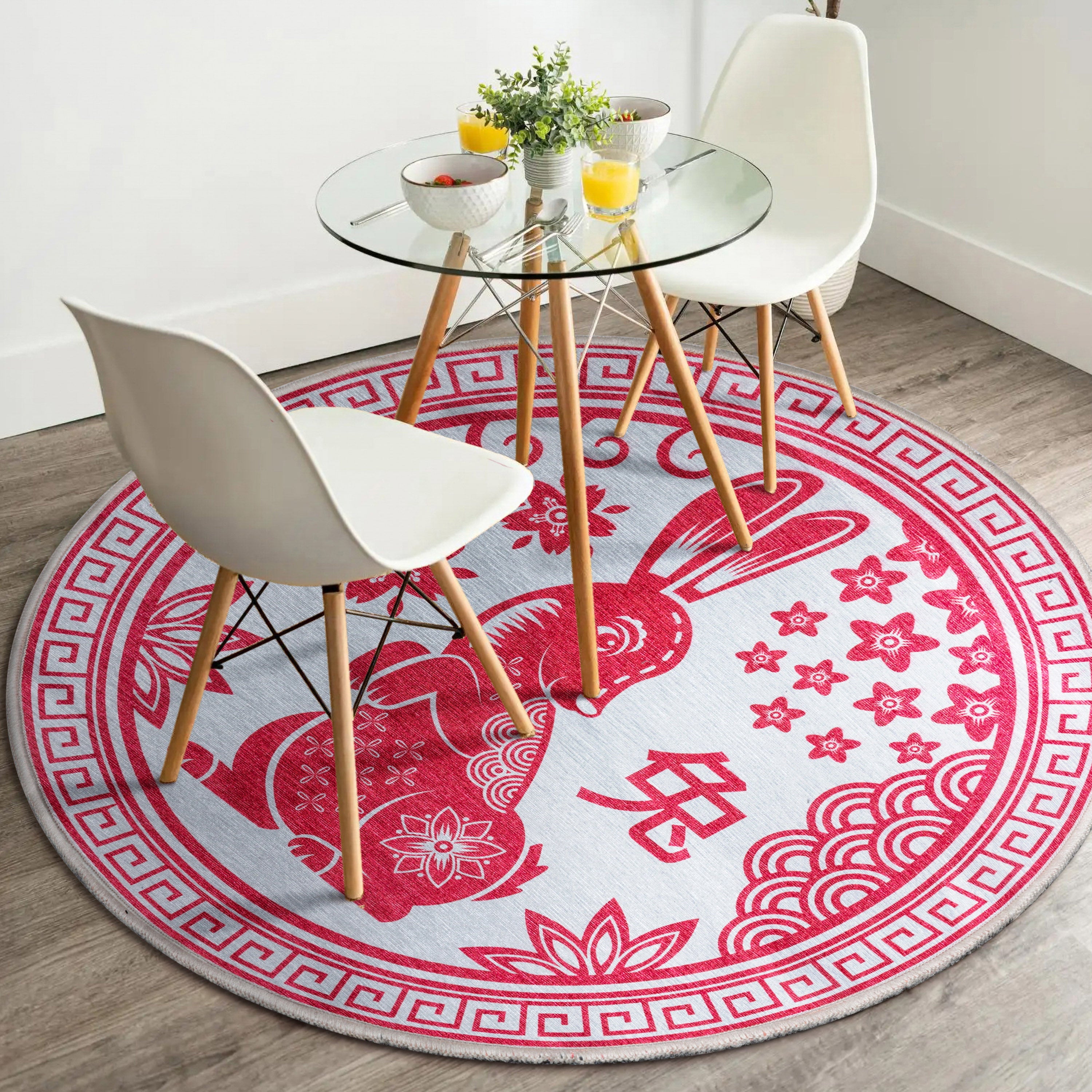 Chinese Calendar Lunar Year of the Rabbit Red Flat-Weave Rug