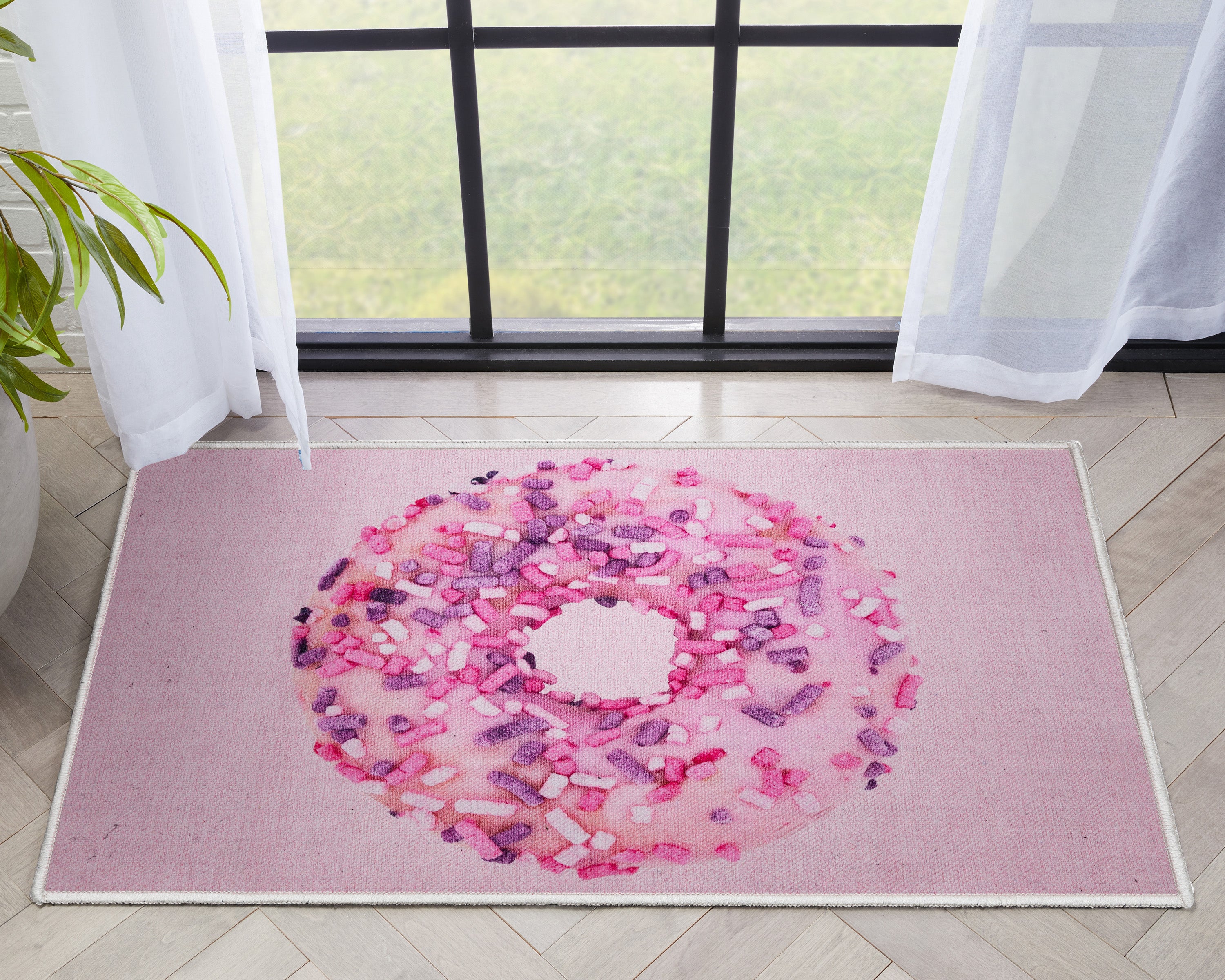 Pink Sprinkles Donut Novelty Pink Flat-Weave Rug