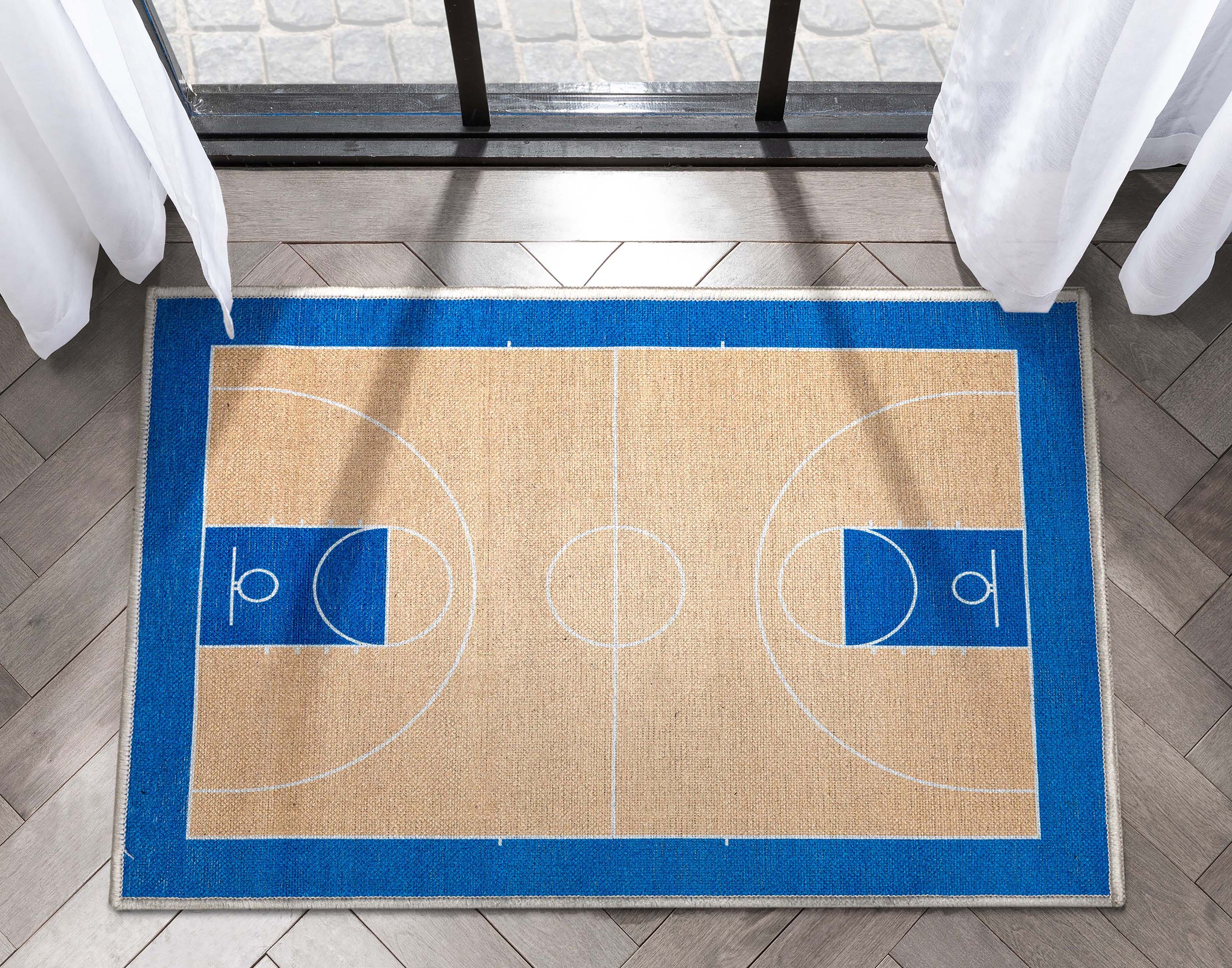 Apollo Basketball Tan Blue Flat-Weave Rug