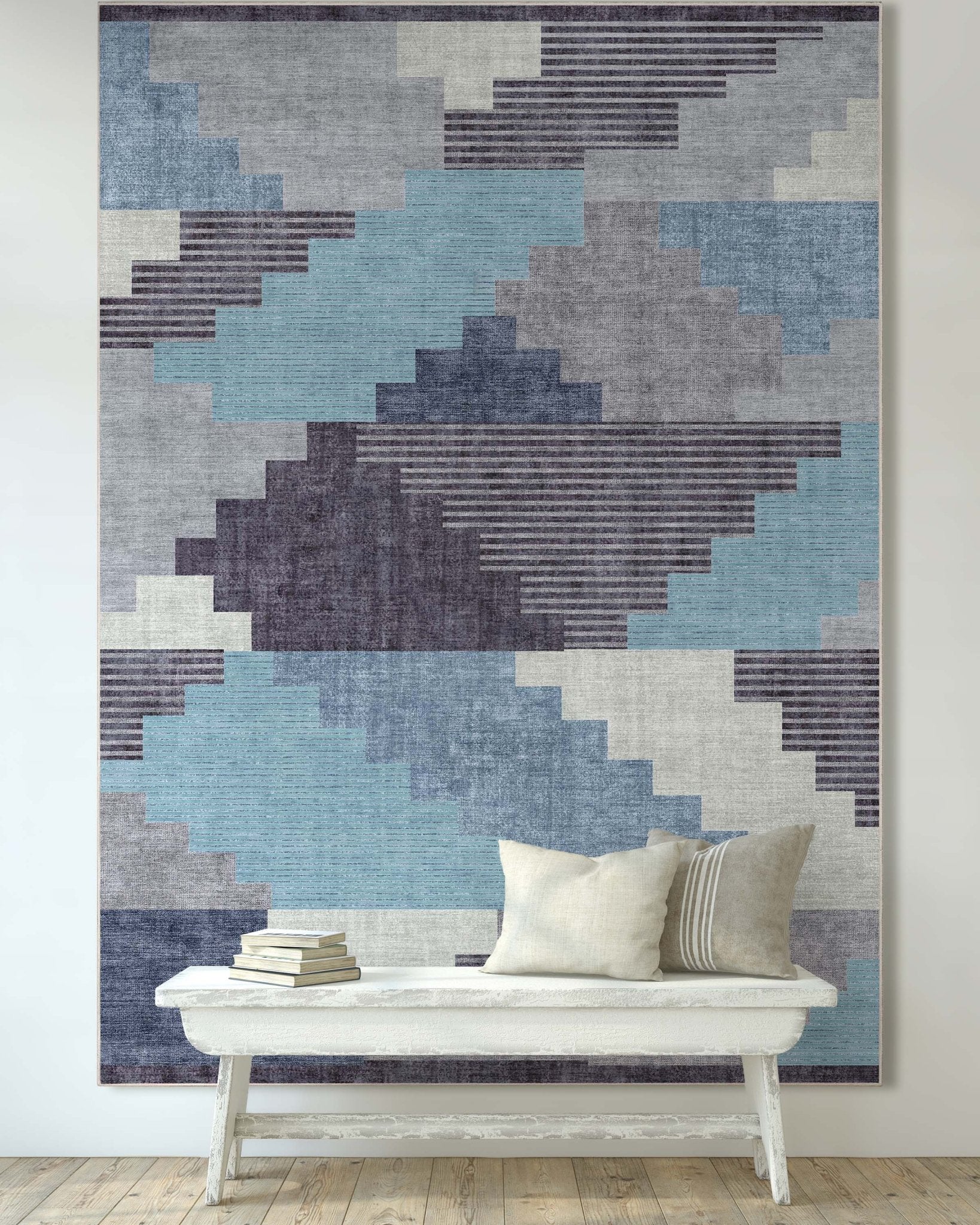 Portsmouth Southwestern Pattern Blue Flat-Weave Rug Well Woven