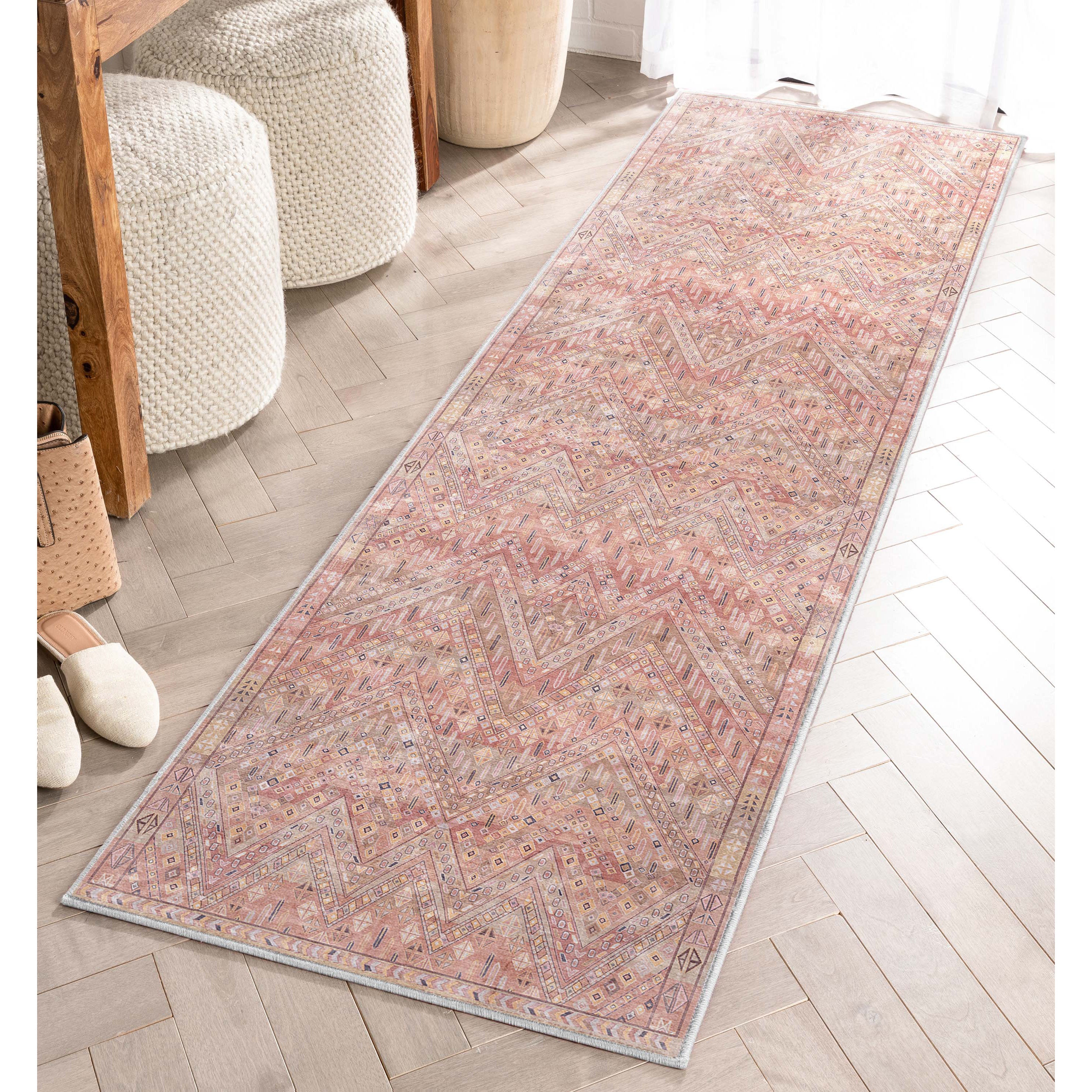 Anya Vintage Tribal Chevron Pink Beige Rust Flat-Weave Rug