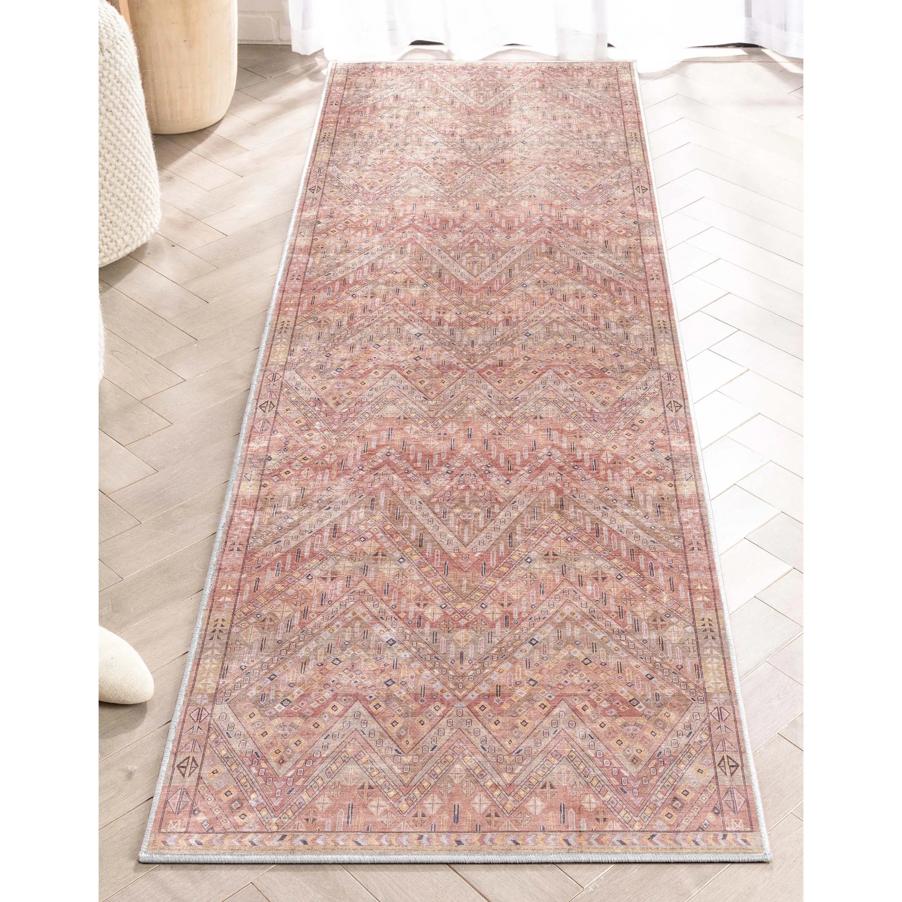 Anya Vintage Tribal Chevron Pink Beige Rust Flat-Weave Rug Well Woven