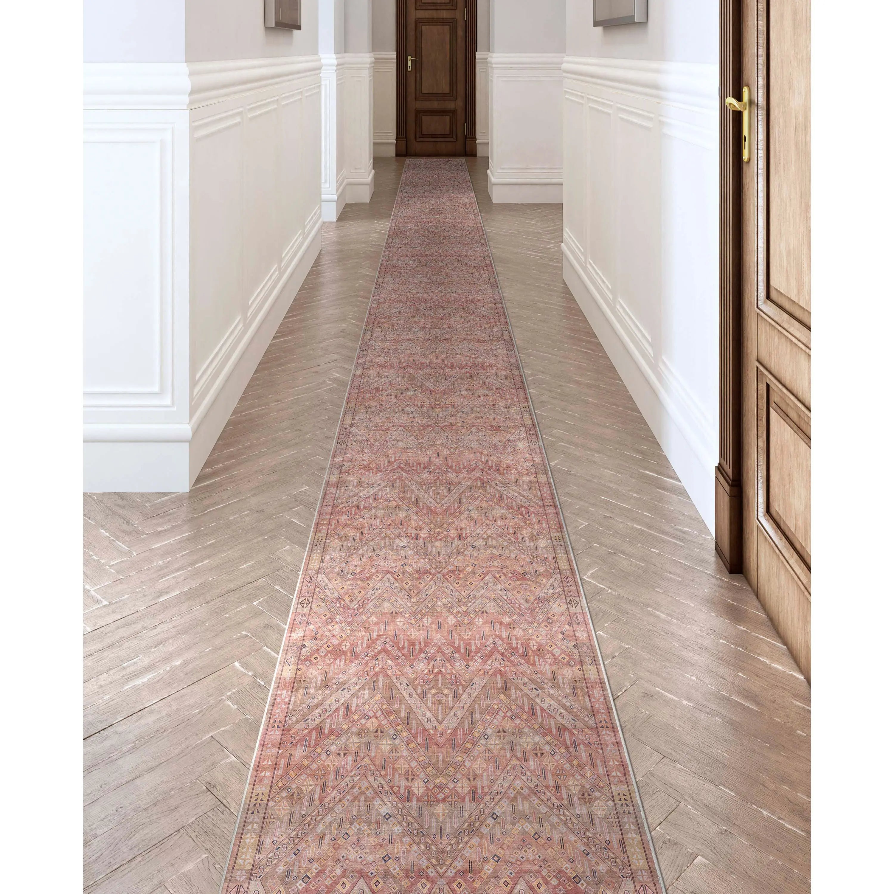 Anya Vintage Tribal Chevron Pink Beige Rust Flat-Weave Rug Well Woven