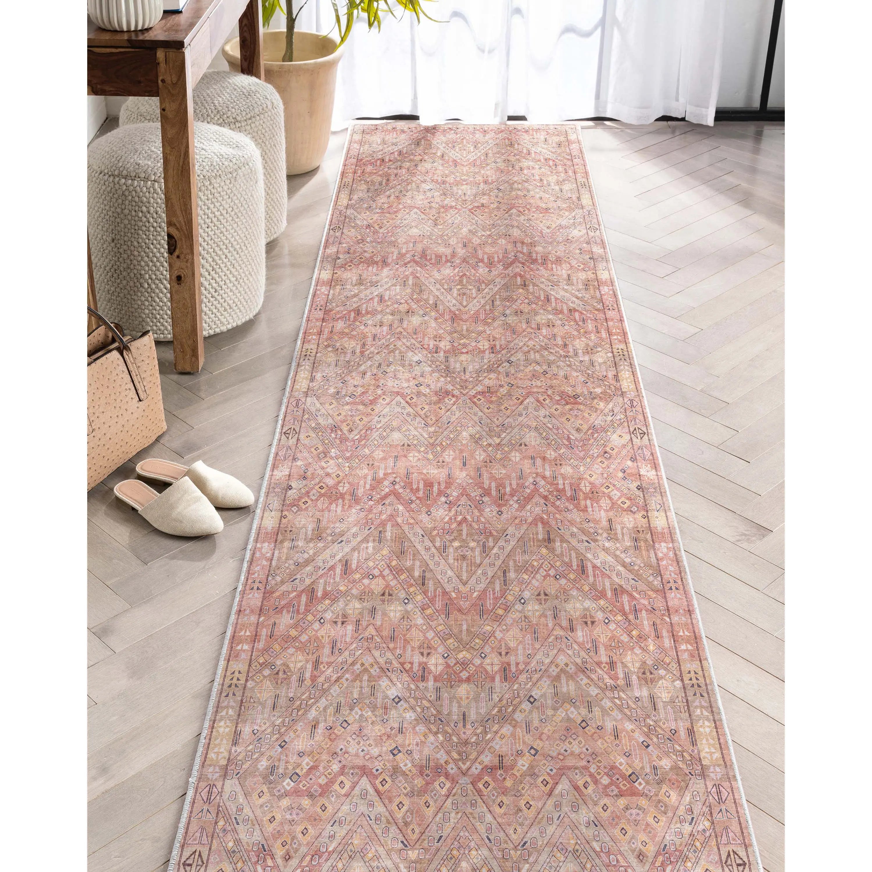 Anya Vintage Tribal Chevron Pink Beige Rust Flat-Weave Rug Well Woven