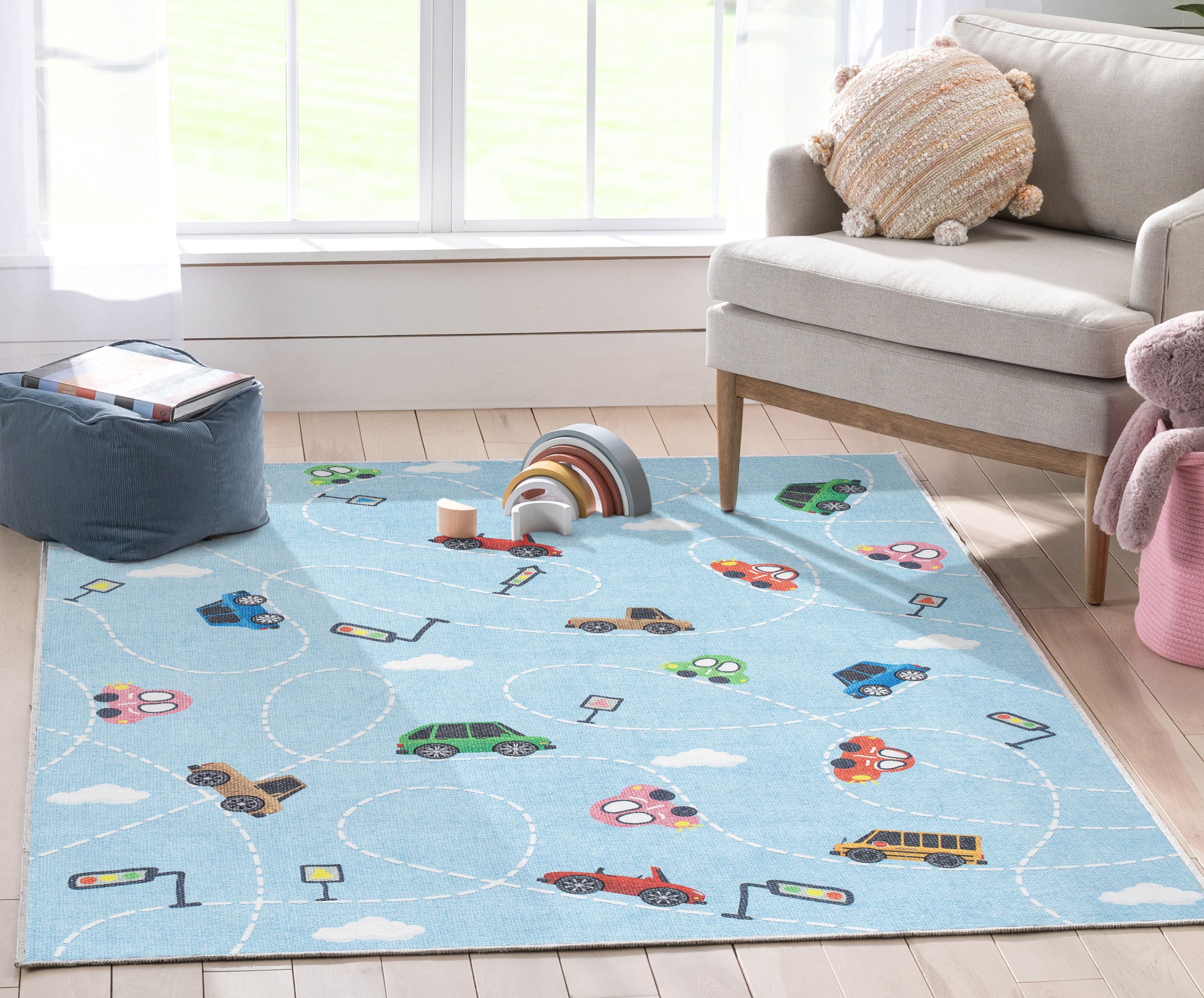 Traffic Modern Light Blue Kids Flat-Weave Rug