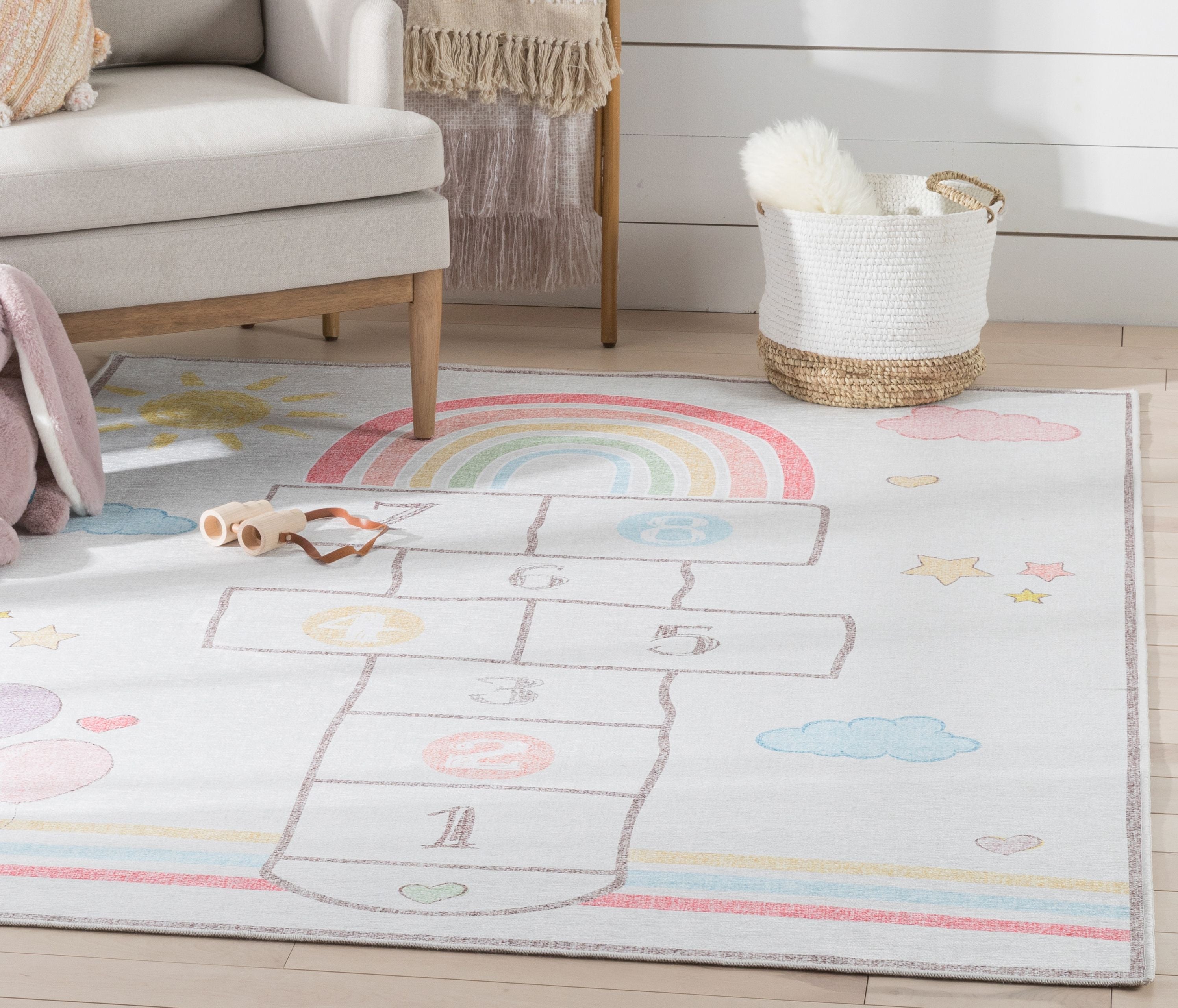 Hopscotch Rainbow Modern Multi Beige Kids Flat-Weave Rug