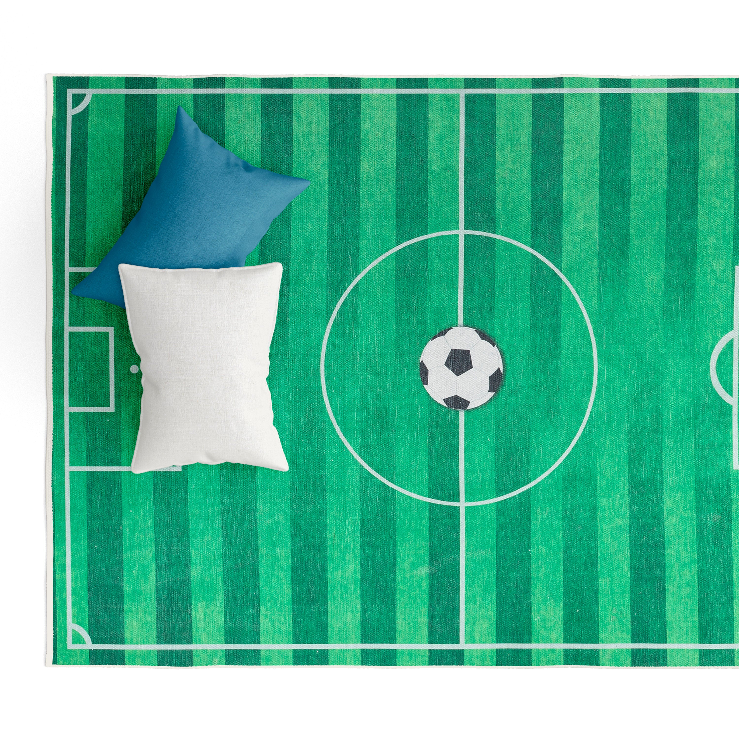 Soccer Field Modern Green Kids Flat-Weave Rug