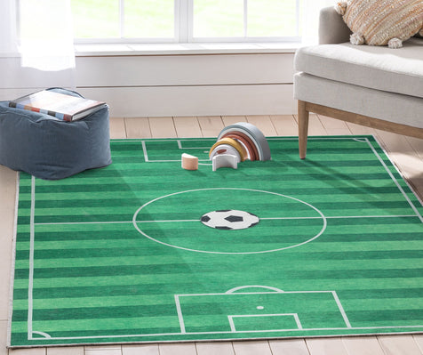 Soccer Field Modern Green Kids Flat-Weave Rug