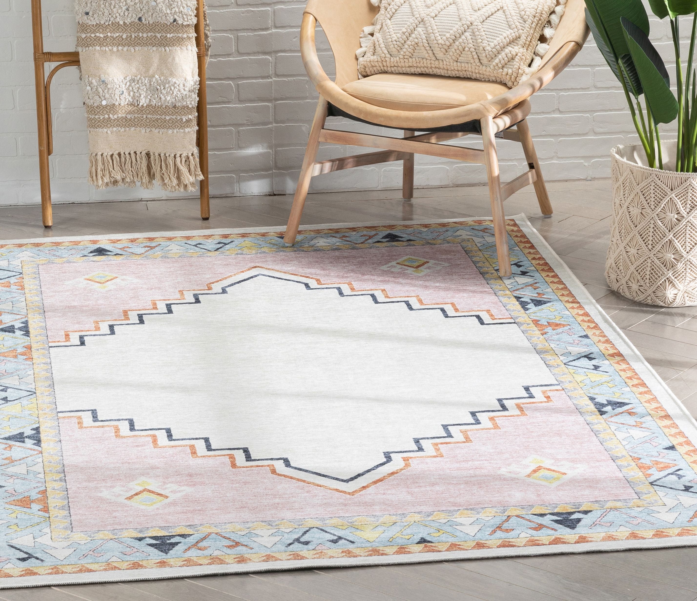 Ethnic Soft Medallion Modern Pink Beige Kids Flat-Weave Rug