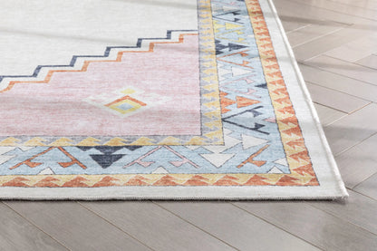 Ethnic Soft Medallion Modern Pink Beige Kids Flat-Weave Rug Well Woven