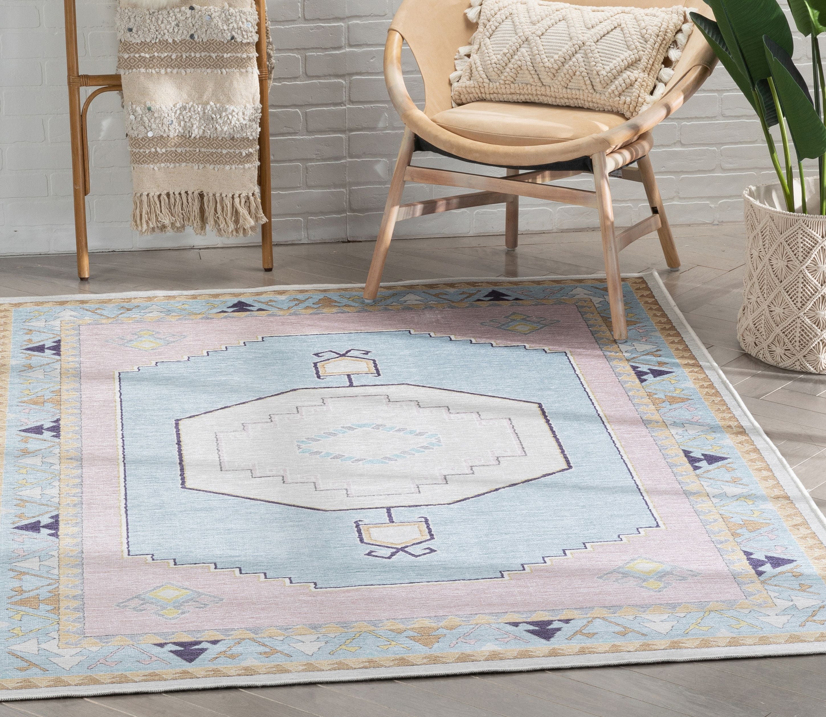 Ethnic Soft Medallion Modern Pink Light Blue Kids Flat-Weave Rug