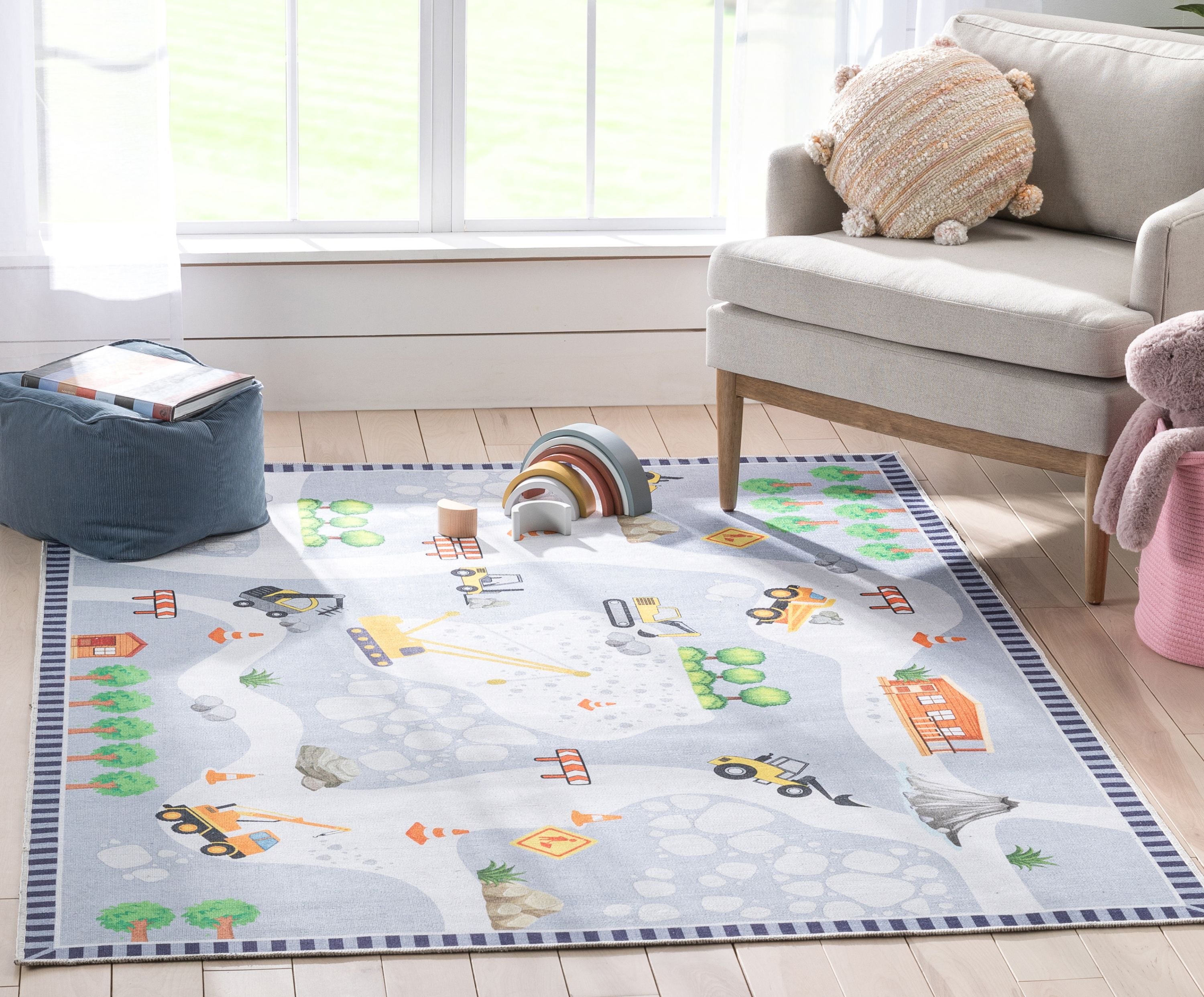 Construction Modern Grey Multi Kids Flat-Weave Rug