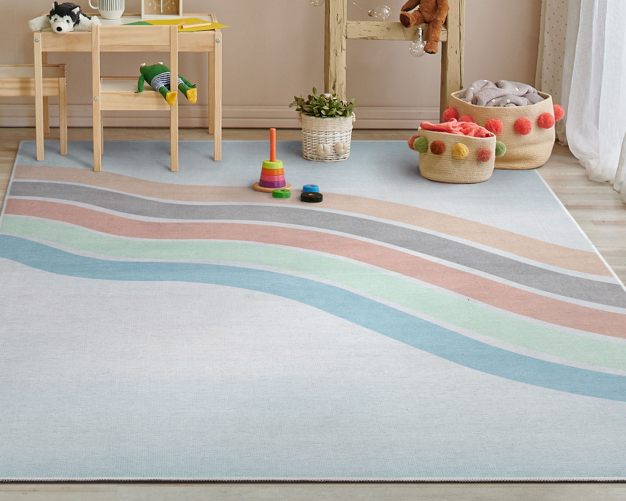 Curved Rainbow Modern Multi Color Pastel Area Flat-Weave Rug