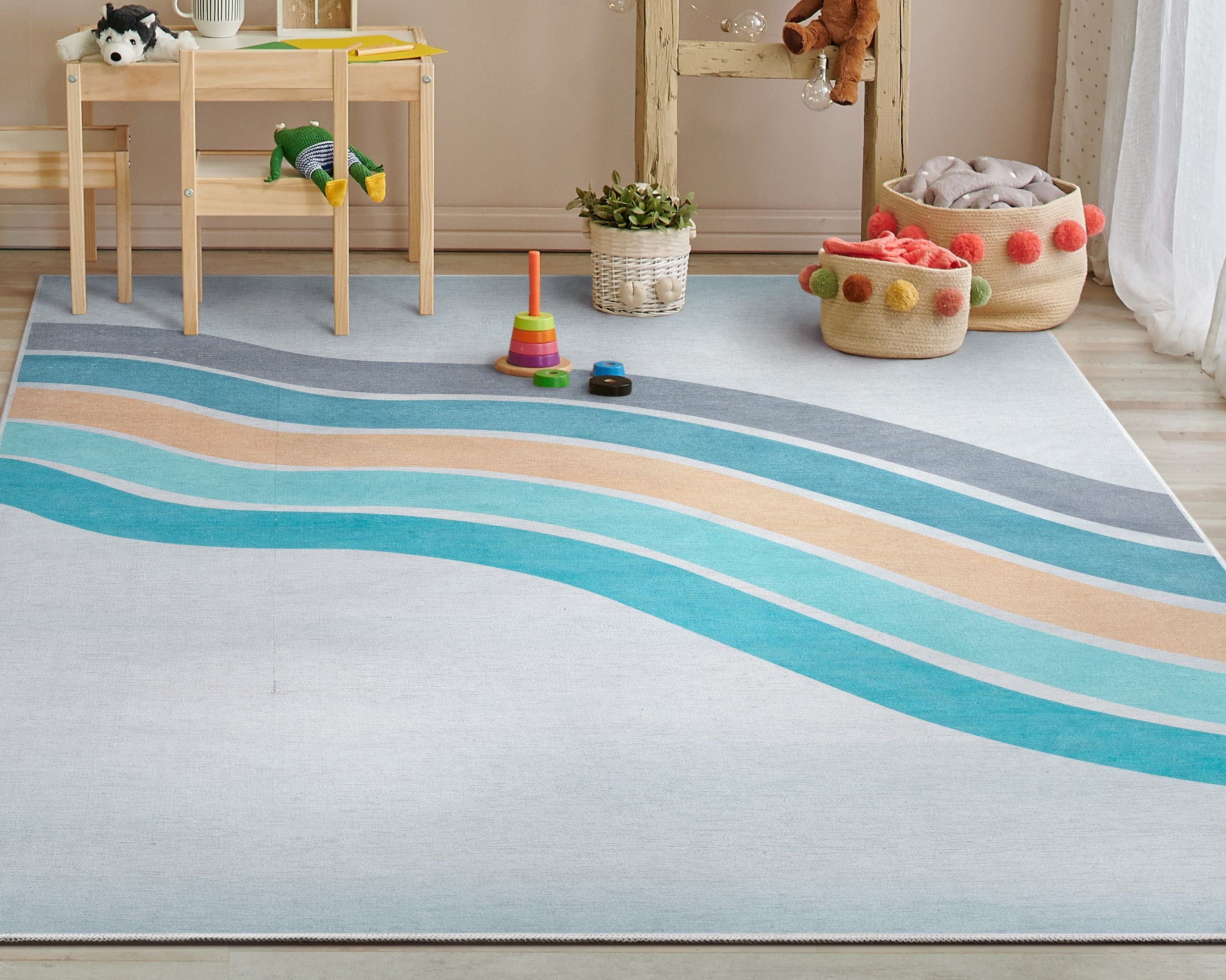 Curved Rainbow Modern Multi Color Blue Area Flat-Weave Rug