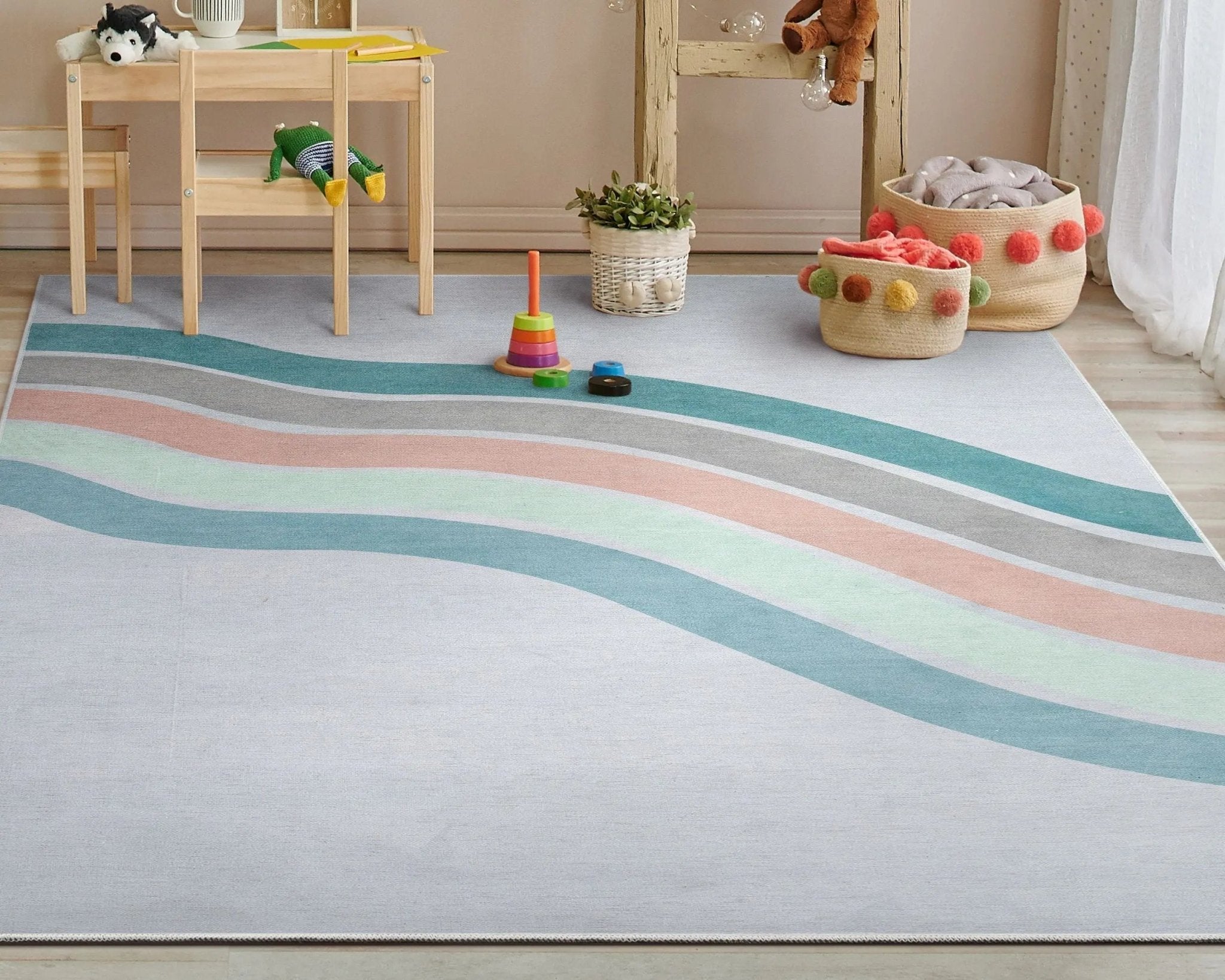 Curved Rainbow Modern Multi Color Green Area Flat-Weave Rug Well Woven