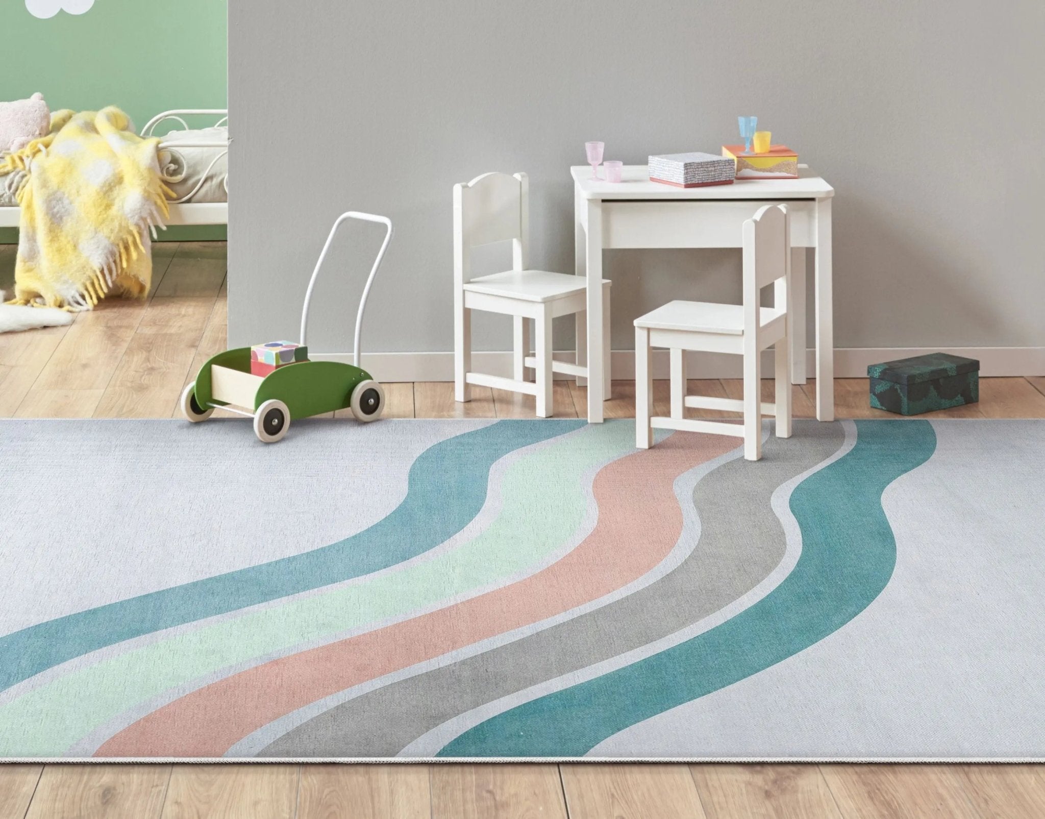 Curved Rainbow Modern Multi Color Green Area Flat-Weave Rug Well Woven