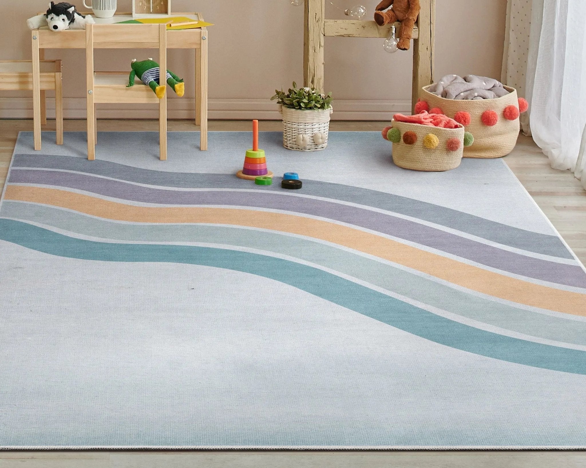Curved Rainbow Modern Multi Color Purple Area Flat-Weave Rug Well Woven