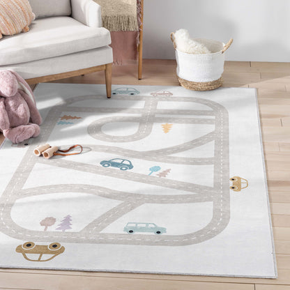 Playful Roads Modern Grey Area Flat-Weave Rug