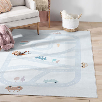 Playful Roads Modern Light Grey Area Flat-Weave Rug