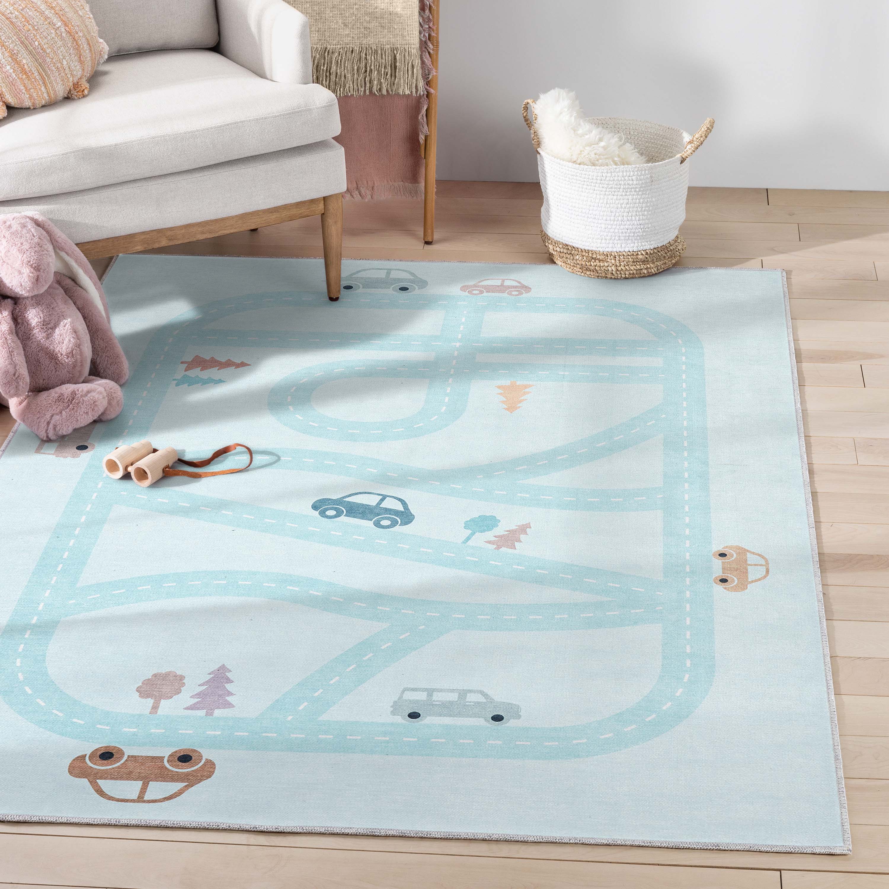 Playful Roads Modern Blue Area Flat-Weave Rug