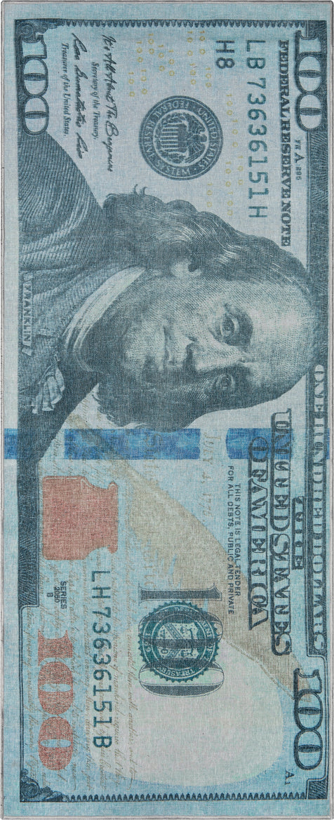 New Hundred Dollar Bill Green Blue Novelty Runner Flat-Weave Rug