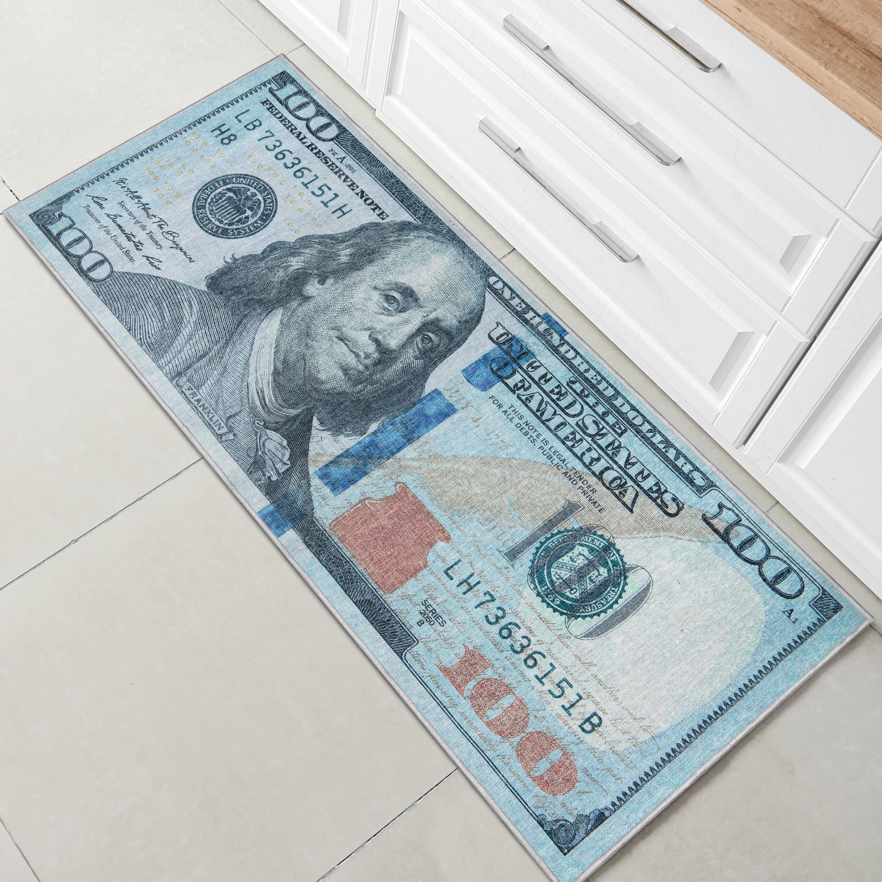 New Hundred Dollar Bill Green Blue Novelty Runner Flat-Weave Rug