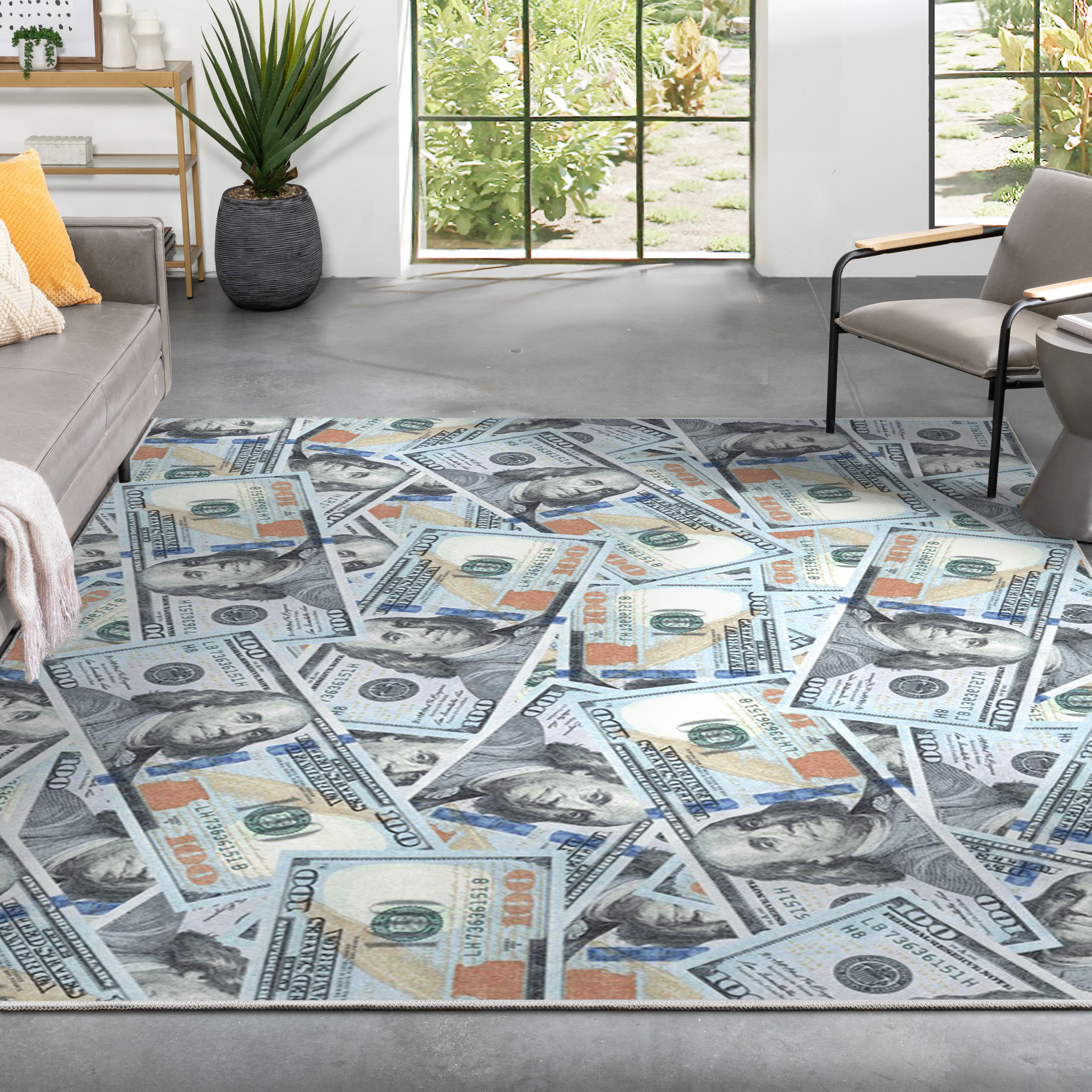 New Hundred Dollar Bill Stacked Green Blue Area Flat-Weave Rug