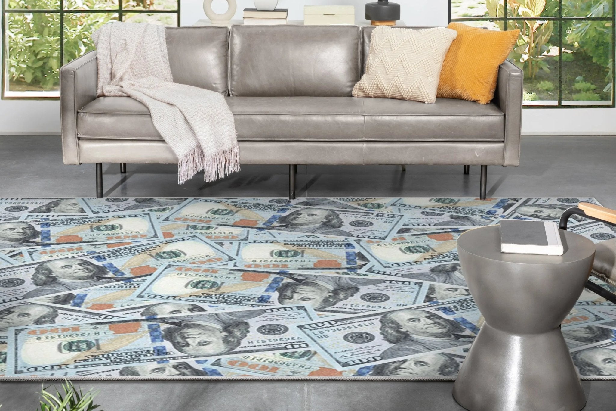 New Hundred Dollar Bill Stacked Green Blue Area Flat-Weave Rug Well Woven