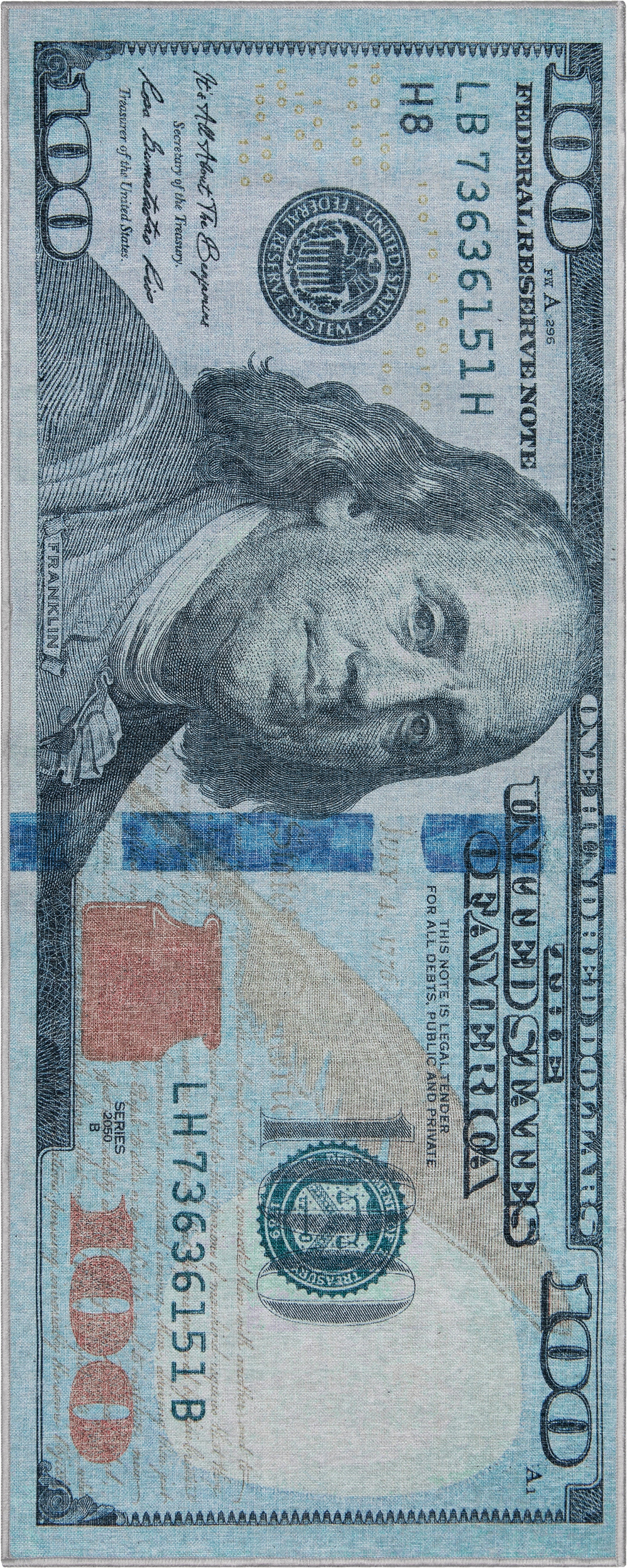 New Hundred Dollar Bill Green Blue Novelty Runner Flat-Weave Rug