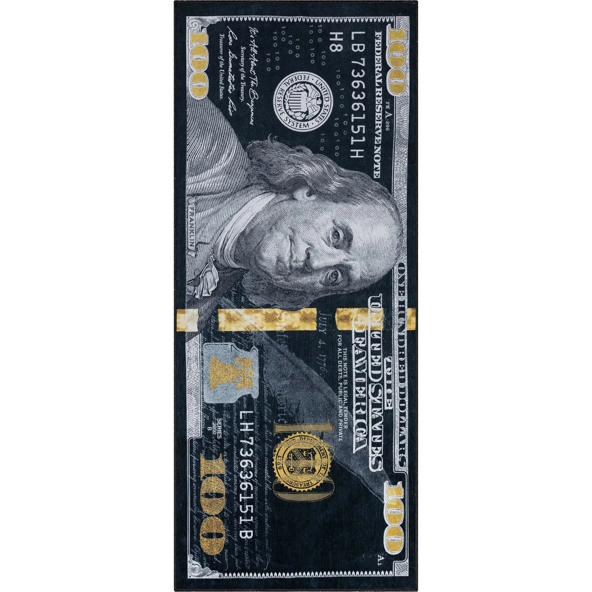 New Hundred Dollar Bill Black Black Novelty Runner Flat-Weave Rug Well Woven