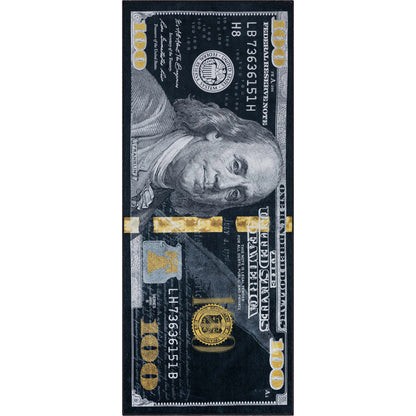 New Hundred Dollar Bill Black Black Novelty Runner Flat-Weave Rug