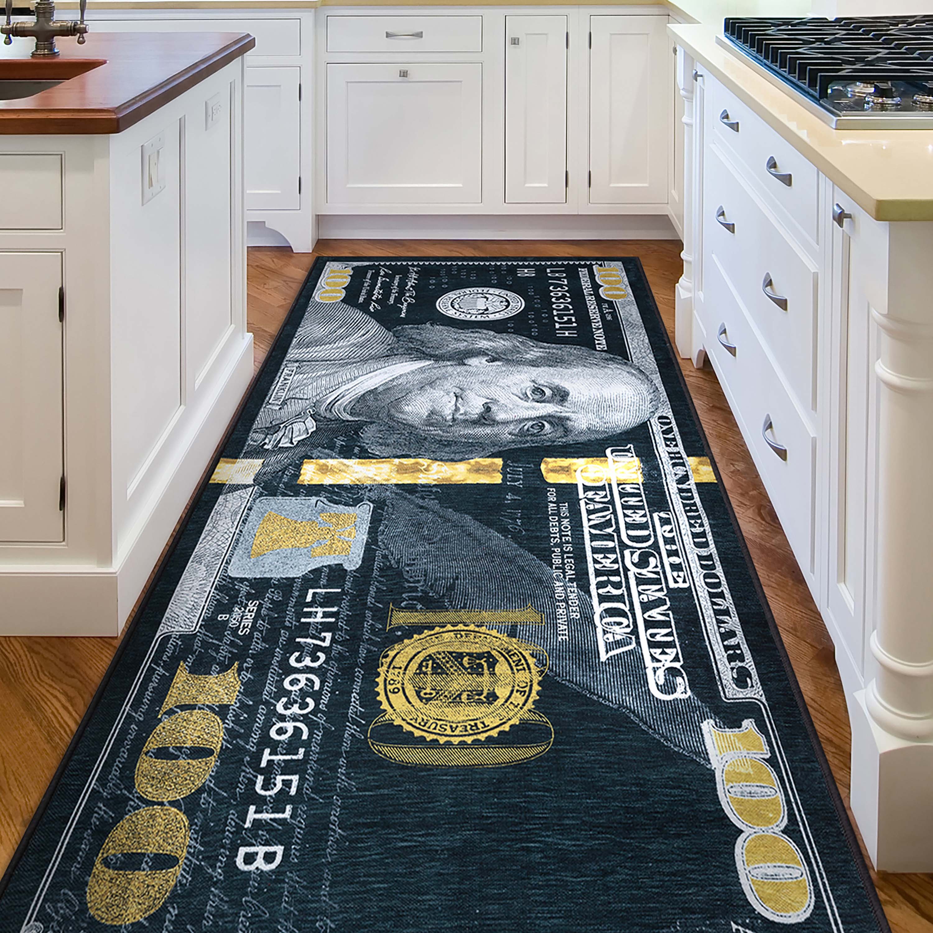 New Hundred Dollar Bill Black Black Novelty Runner Flat-Weave Rug