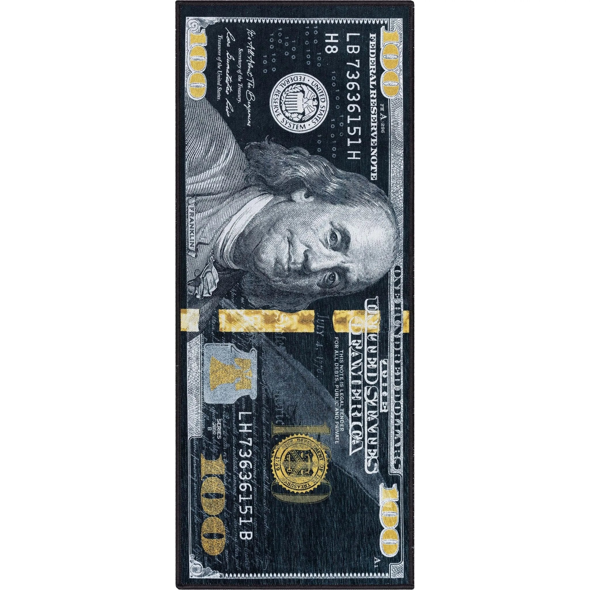 New Hundred Dollar Bill Black Black Novelty Runner Flat-Weave Rug Well Woven