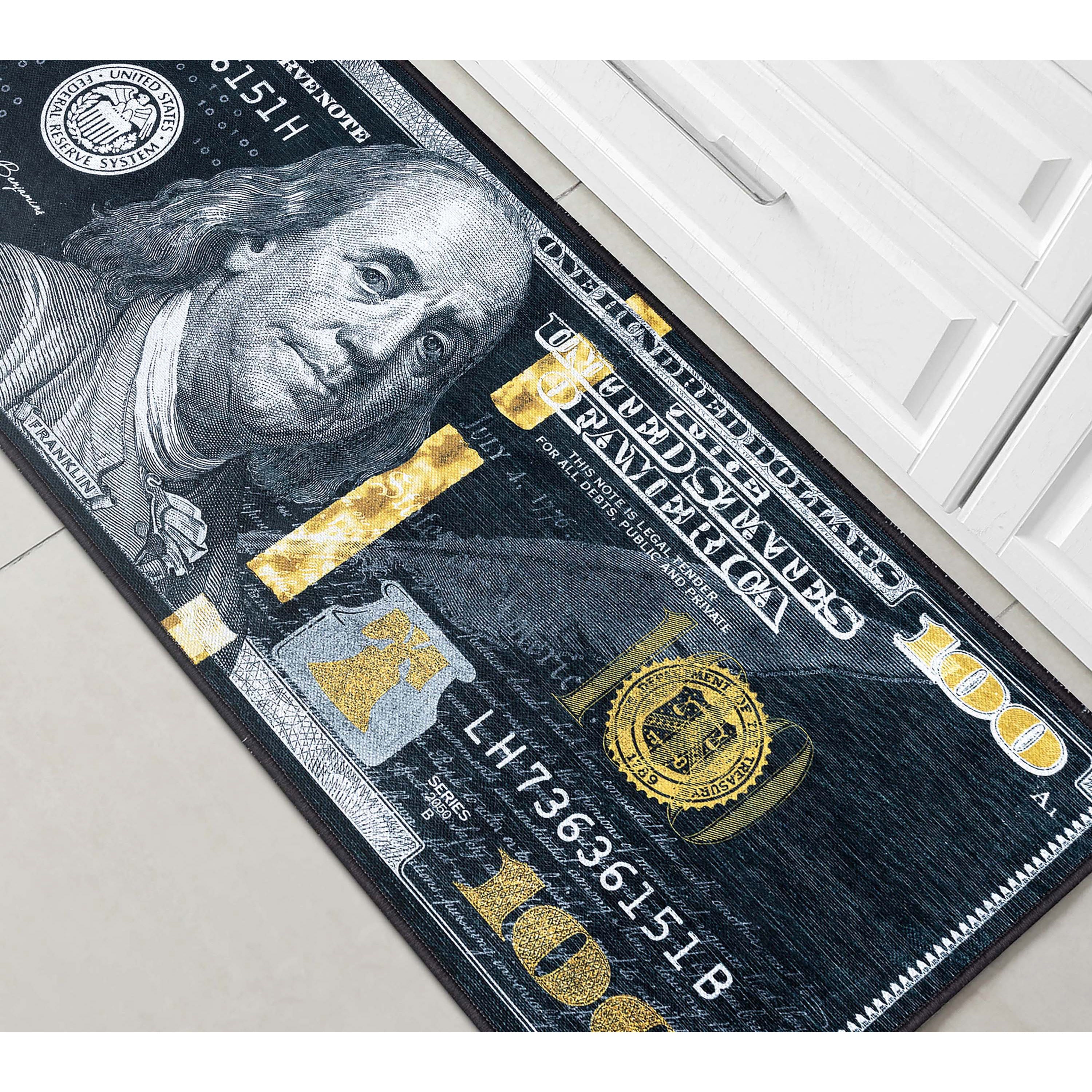 New Hundred Dollar Bill Black Black Novelty Runner Flat-Weave Rug