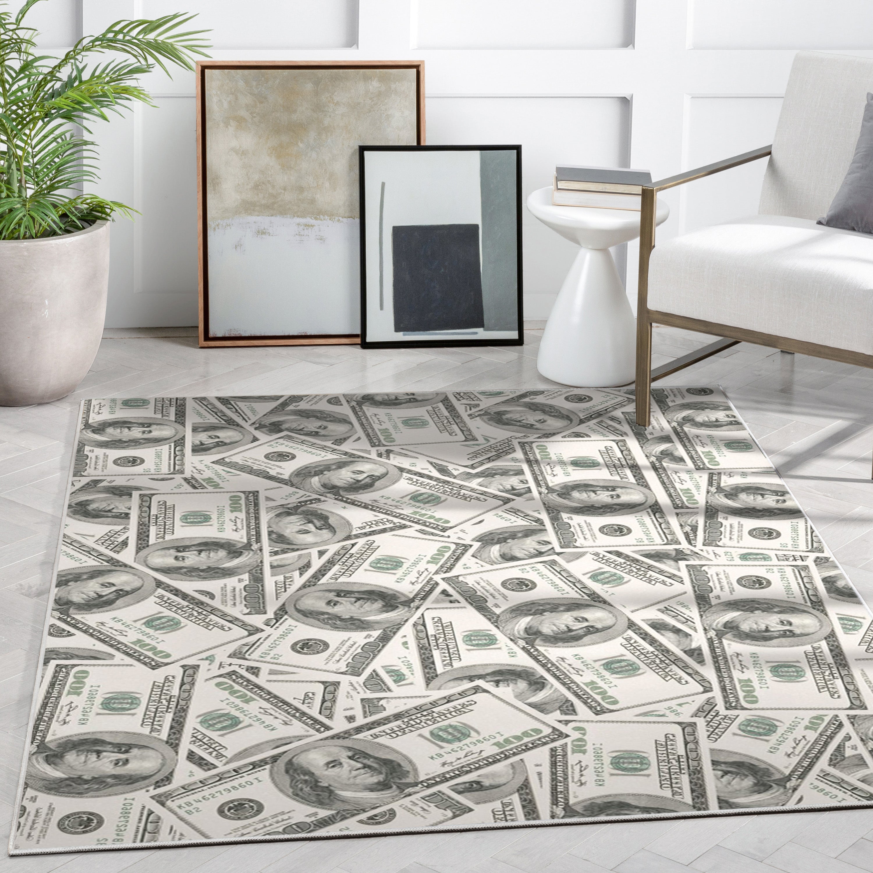 Classic Hundred Dollar Bill 2006A Stacked Green Area Flat-Weave Rug