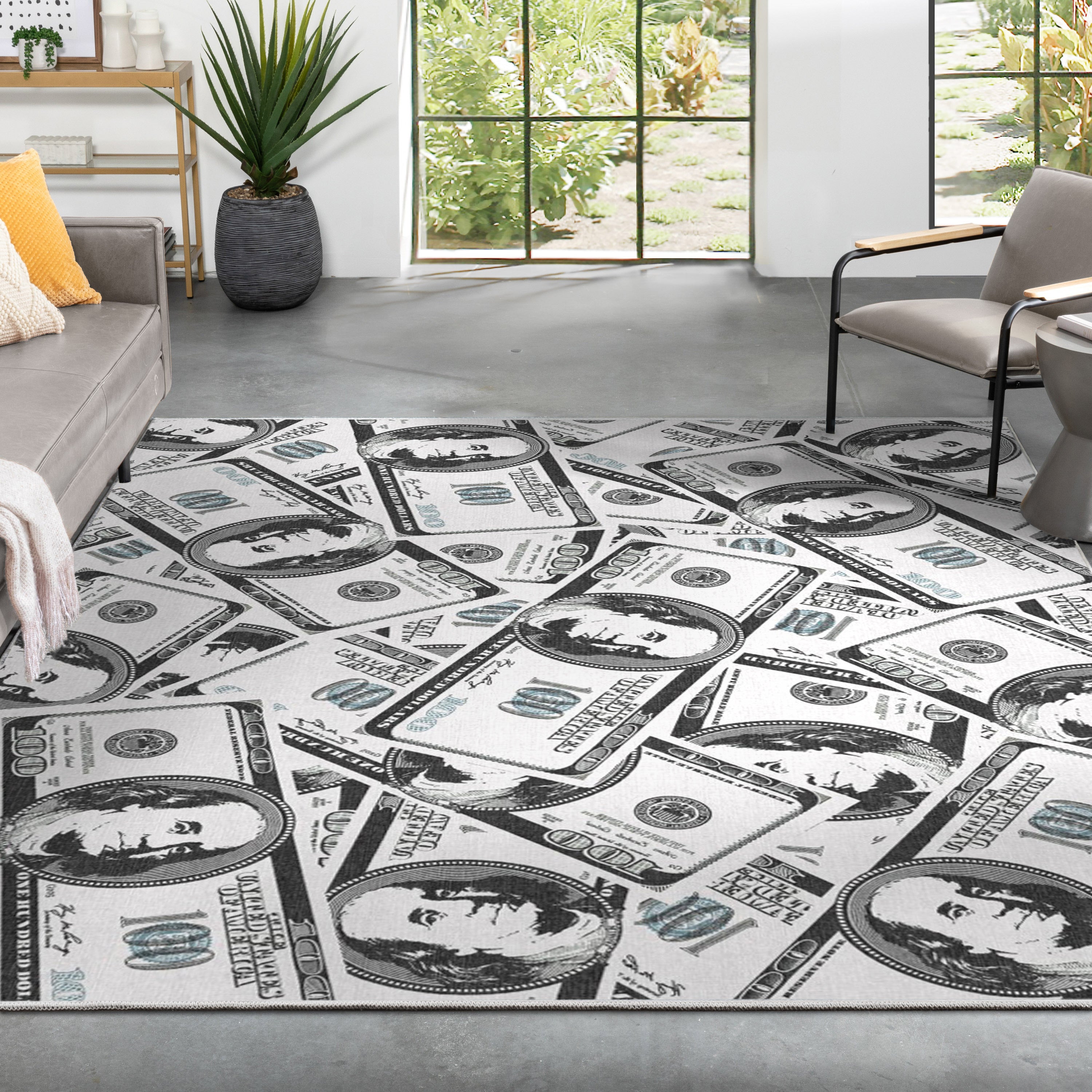 Hundred Dollar Bill Stacked Green Novelty Runner Flat-Weave Rug