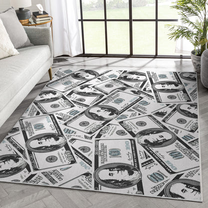 Hundred Dollar Bill Stacked Green Novelty Runner Flat-Weave Rug