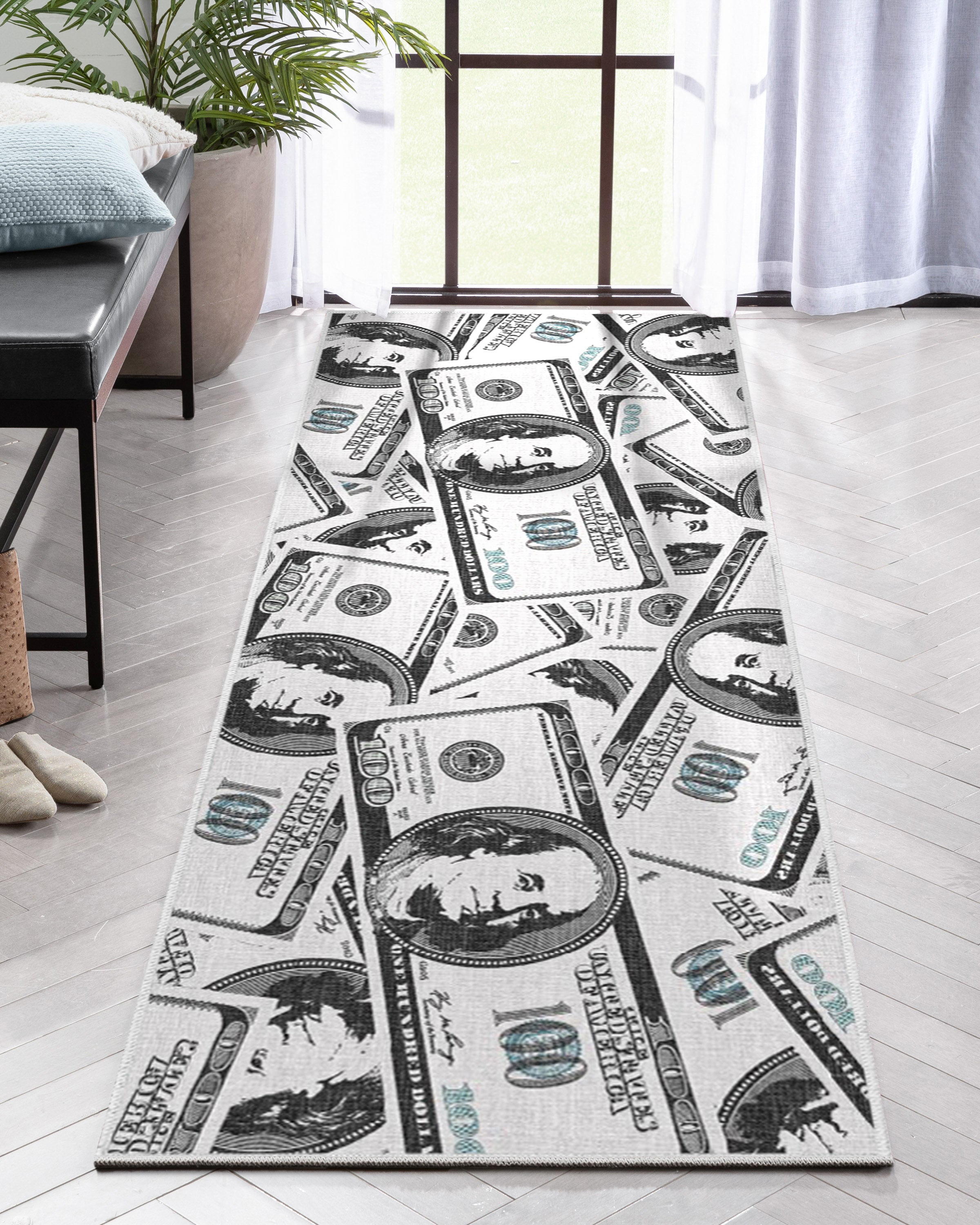 Hundred Dollar Bill Stacked Green Area Flat-Weave Rug