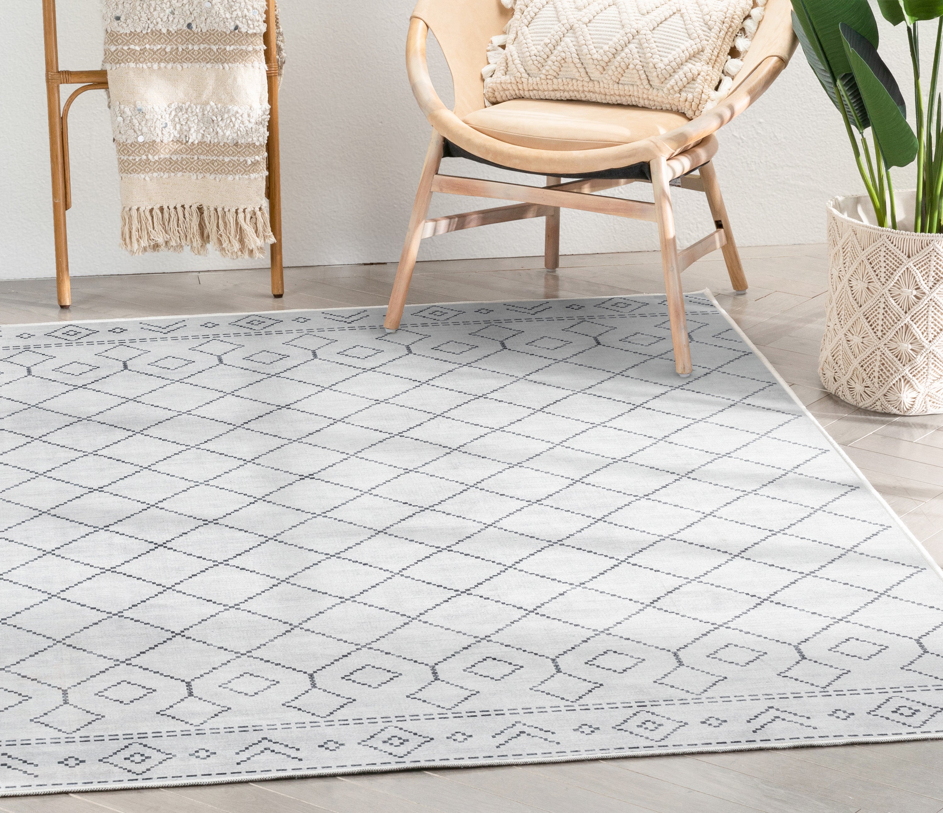 Anastasia Moroccan Trellis Pattern Ivory Grey Area Flat-Weave Rug