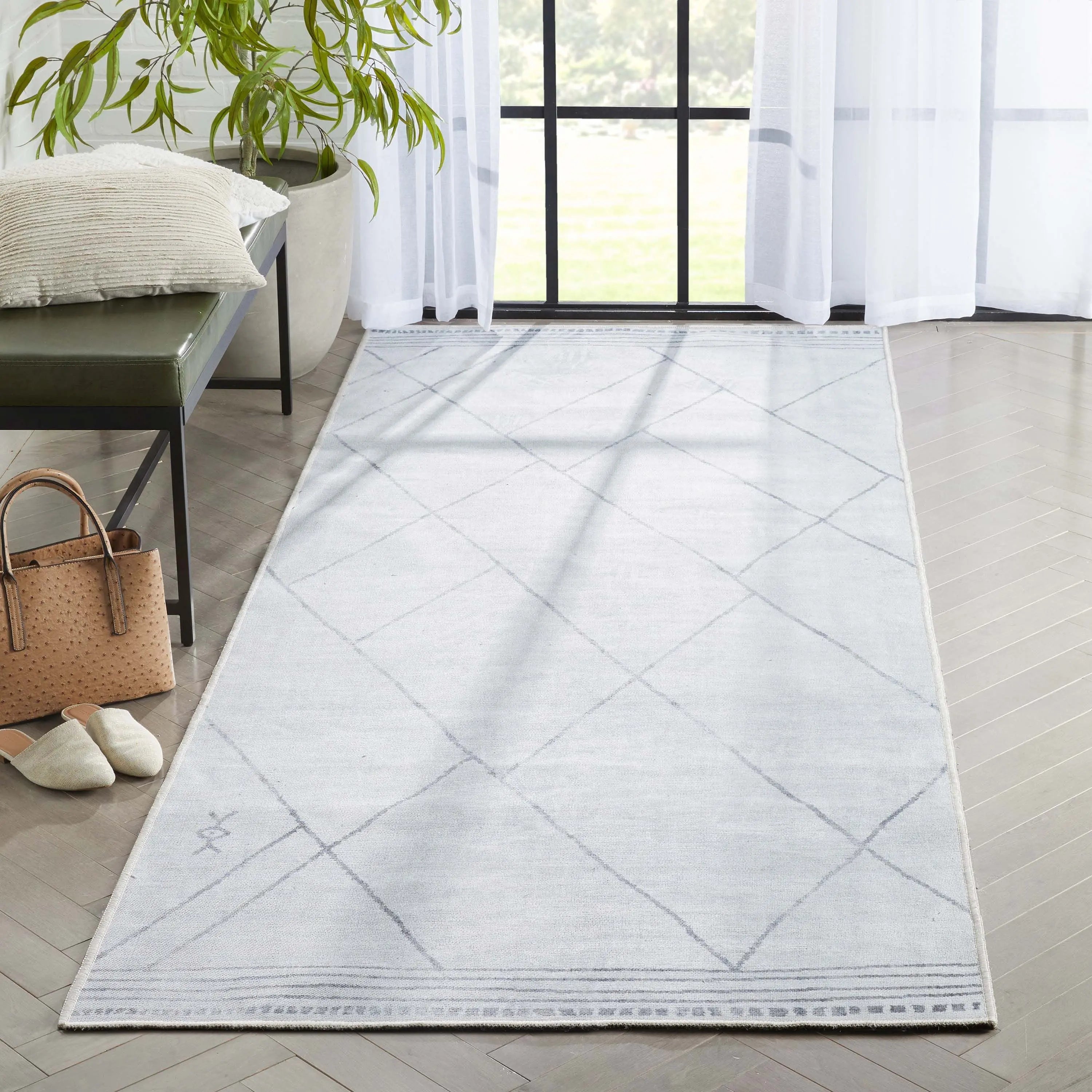 Bryn Moroccan Lattice Trellis Ivory Grey Area Flat-Weave Rug Well Woven