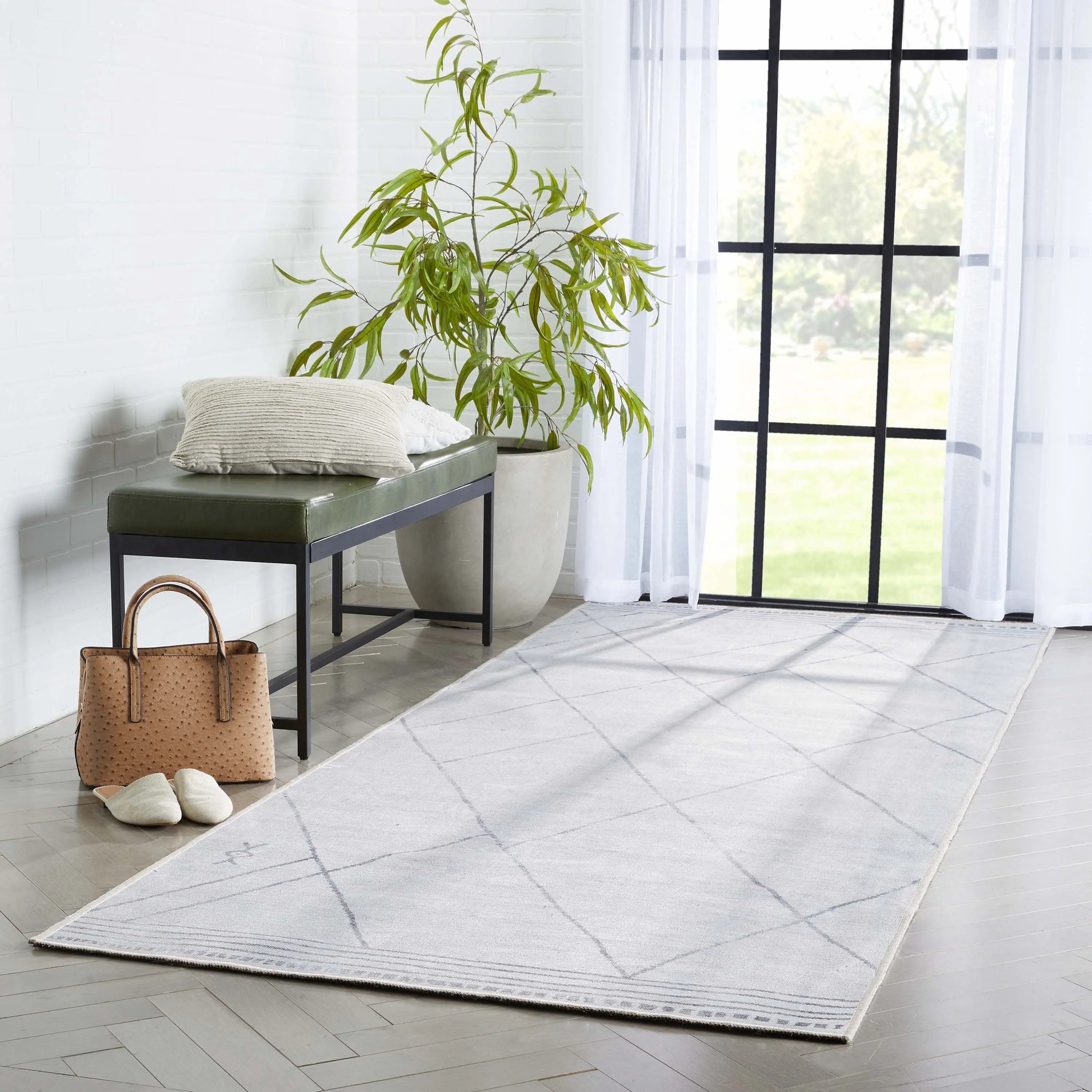 Bryn Moroccan Lattice Trellis Ivory Grey Area Flat-Weave Rug Well Woven