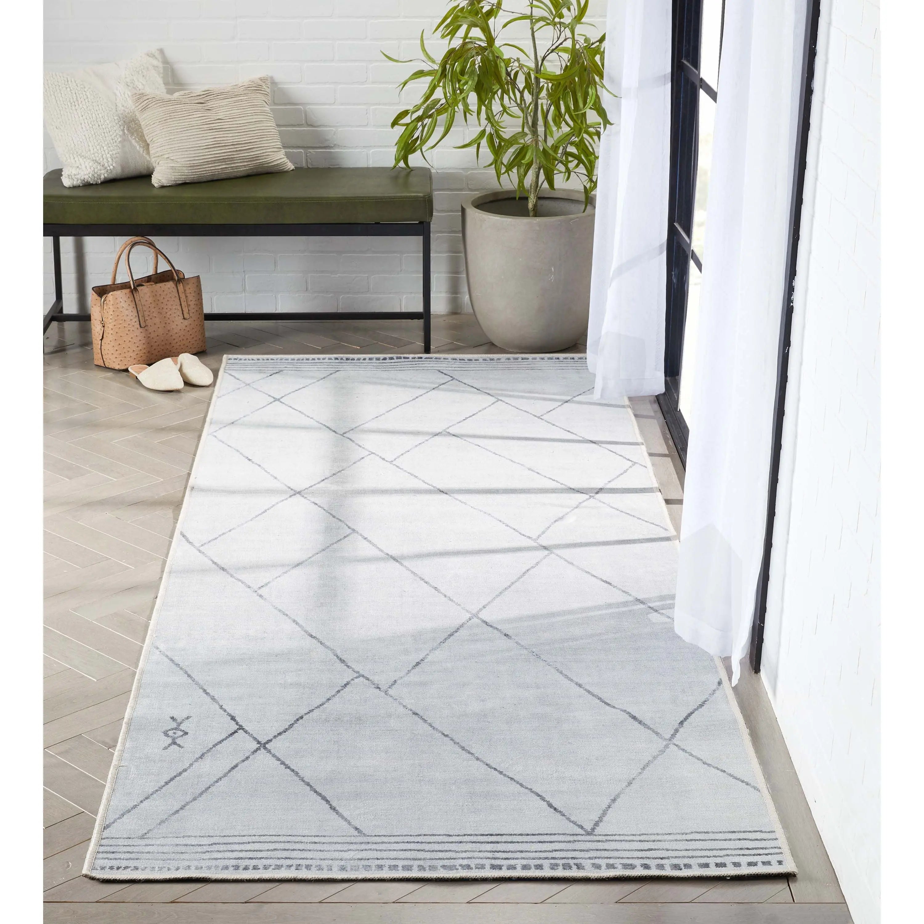 Bryn Moroccan Lattice Trellis Ivory Grey Area Flat-Weave Rug Well Woven