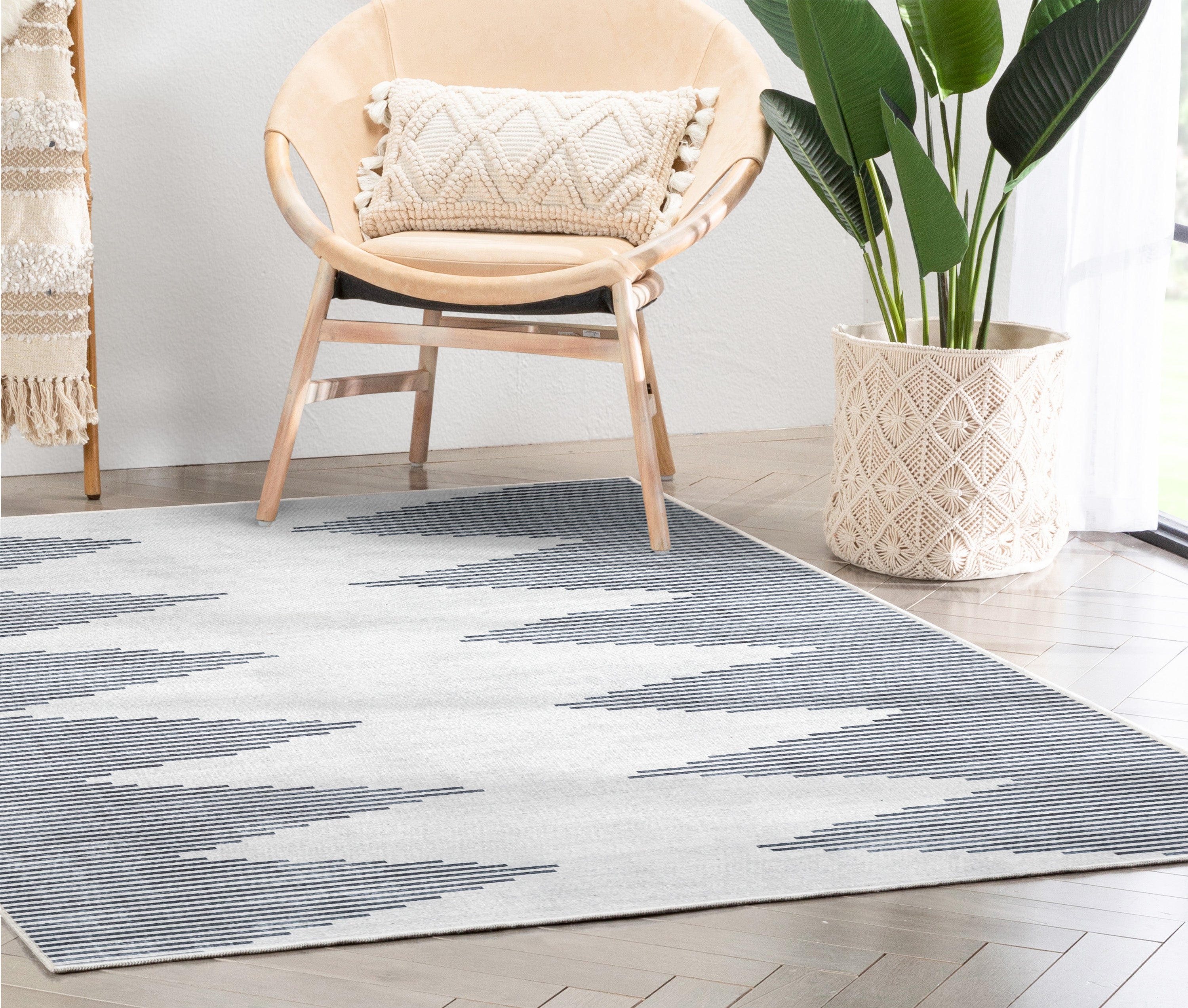 Bree Moroccan Diamond Stripes Ivory Grey Area Flat-Weave Rug