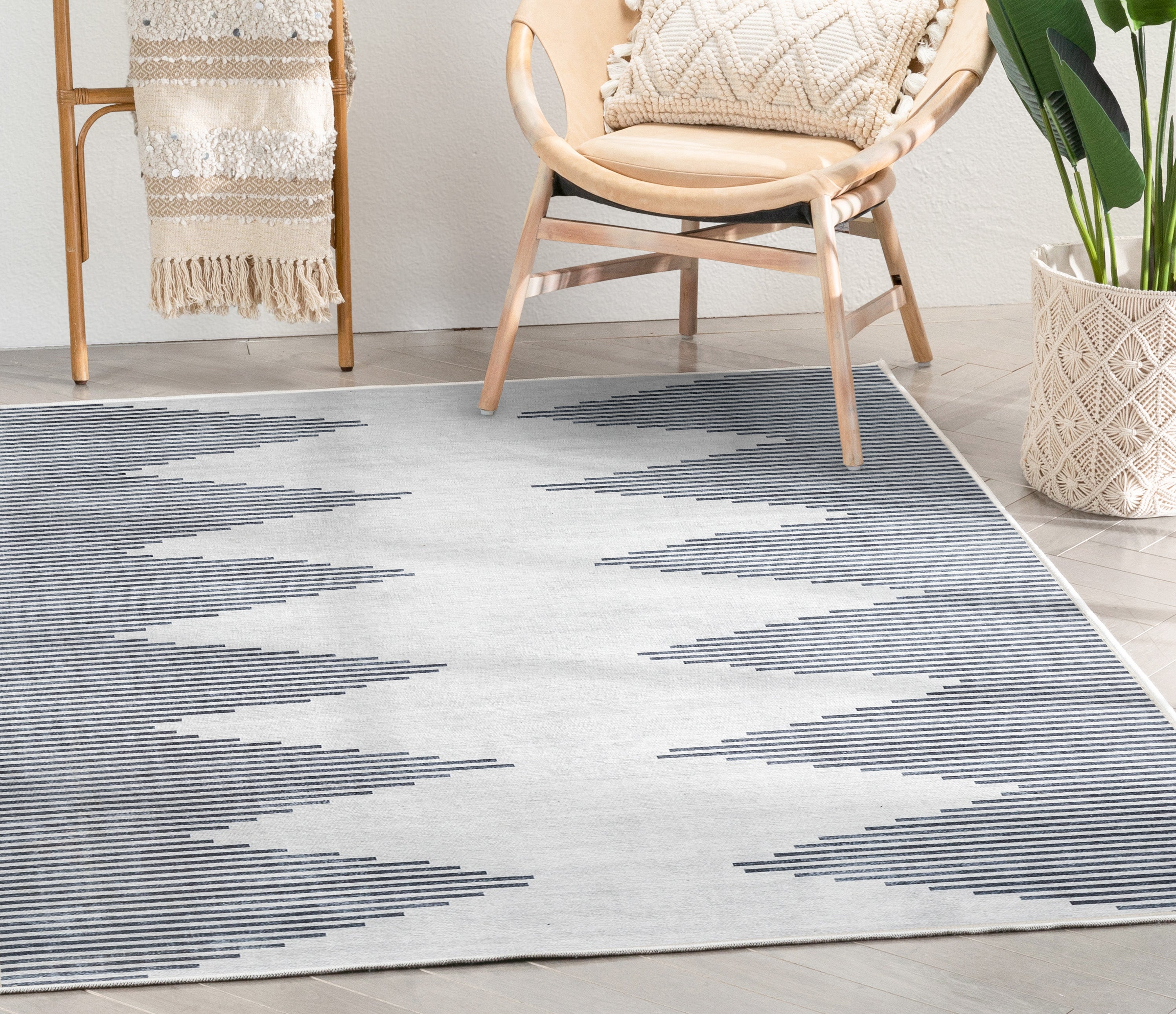 Bree Moroccan Diamond Stripes Ivory Grey Area Flat-Weave Rug